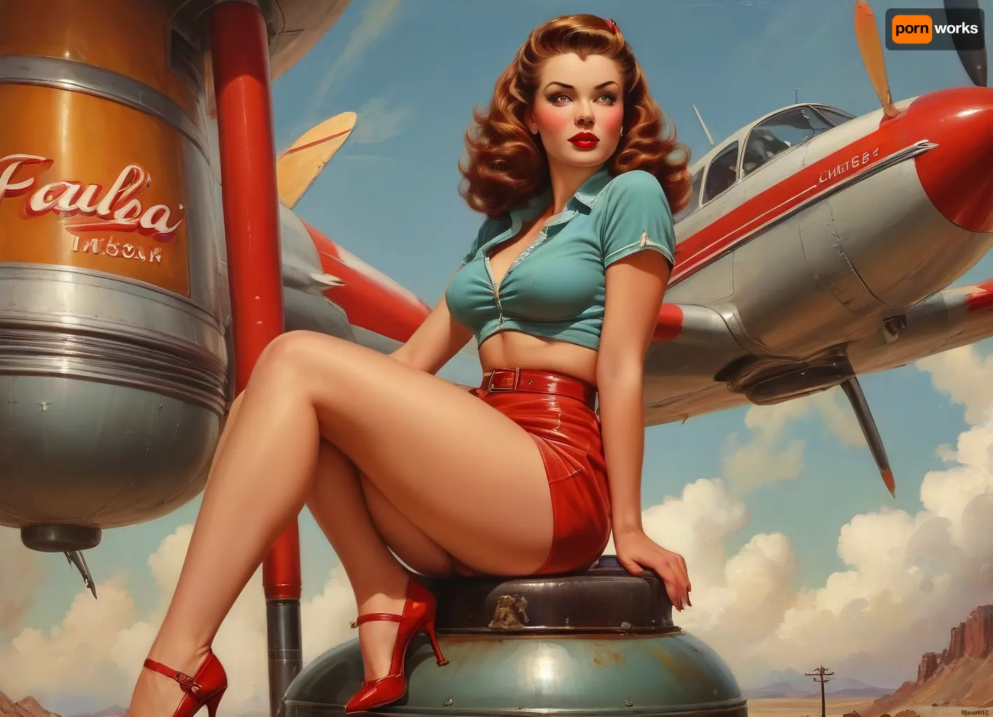 A pin-up style illustration of a young woman with a mid-20th century retro aesthetic. Full length. She has large expressive eyes, white skin, soft wavy fire elemental hair in a 1950s hairstyle, and a cheerful or playful expression. She is wearing classic leather BDSM clothing. Her body type is medium, with natural curves, no exaggeration, realistic proportions. She appears in dynamic or charming poses, reflecting mid-century pin-up art. The lighting is soft and vintage-inspired, with a clean background or stylized setting appropriate to the theme, (e.g. post-apocalyptic landscape), . Illustration is rendered in traditional pin-up painting style, (like Gil Elvgren), with warm tones and gentle shading, sagging, style, of, Art, Frahm, latex, matte, shiny, inflatable, Rolf, Armstrong, Style, <lora:sagging-000015:2>, <lora:tbh210-sdxl:1.5>, <lora:shinylatex-merged:2>, <lora:Rolf Armstrong Style:1.5>