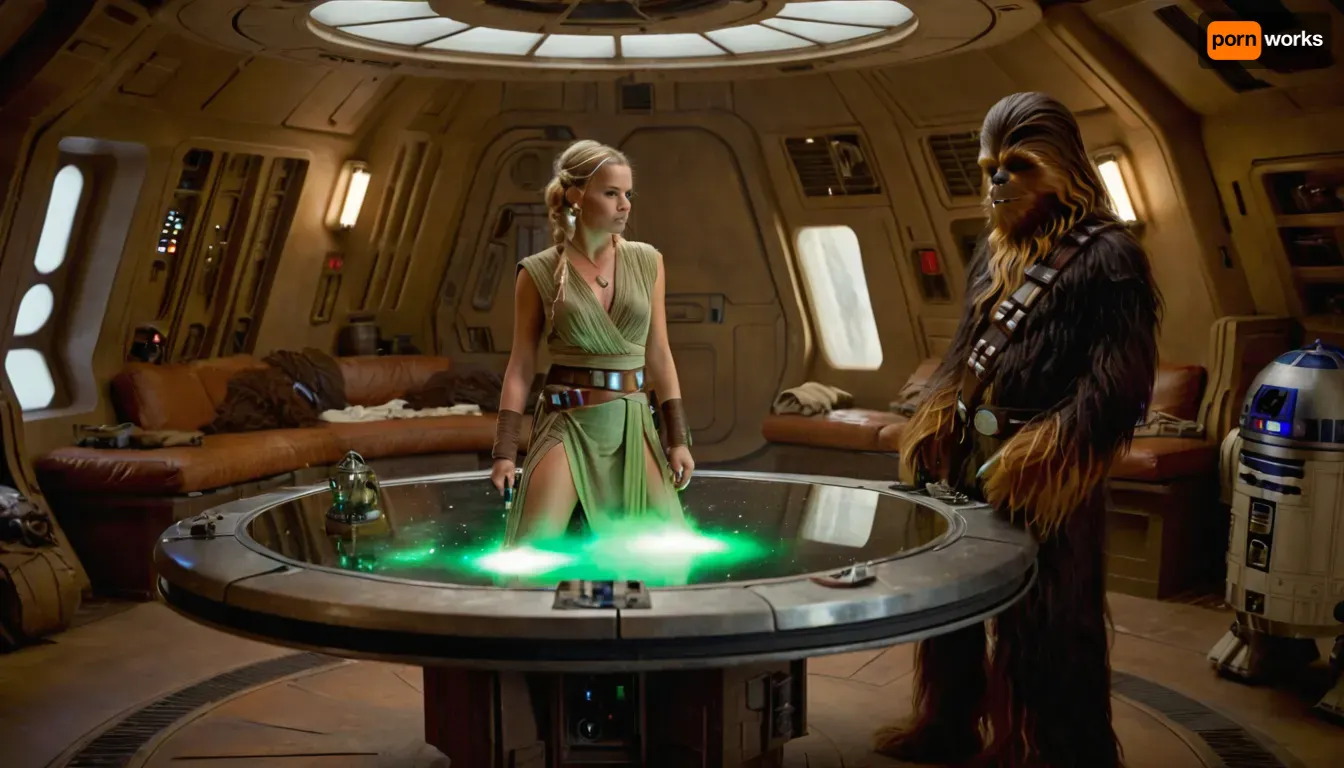 Star Wars Style, full body view of a female Jedi, playing "dejarik" with Chewbacca at messy table, in a messy common room, inside Millennium Falcon, slender, slim waist, blonde matted dreadlocks, flat breasted, tanned skin, lucky charm necklace, beautiful brown leather belt, highly detailed Jedi costume, Jedi toga, perfect face, glass on table, extremely steaming green liquid, R2-D2, dejarik, 8k, high resolution