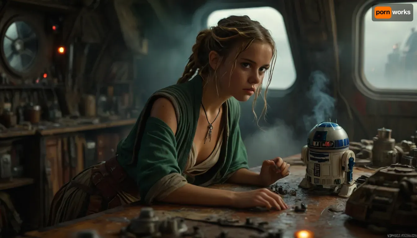 Star Wars Style, full body view of a female Jedi, repairing stuff at messy table, in a messy common room, inside Millennium Falcon, slender, slim waist, blonde matted dreadlocks, flat breasted, tanned skin, lucky charm necklace, beautiful brown leather belt, highly detailed Jedi costume, Jedi toga, perfect face, perfect hands, glass on table, extremely steaming green liquid, R2-D2, dejarik, 8k, high resolution, TIE, fighter, neon_style, cloudy, smoke, atmospheric, clouds, fog, <lora:TIE fighter:.8>, <lora:304304_training_data:.8>, <lora:MJ52:.8>, <lora:Cloudy_Style:1.1>