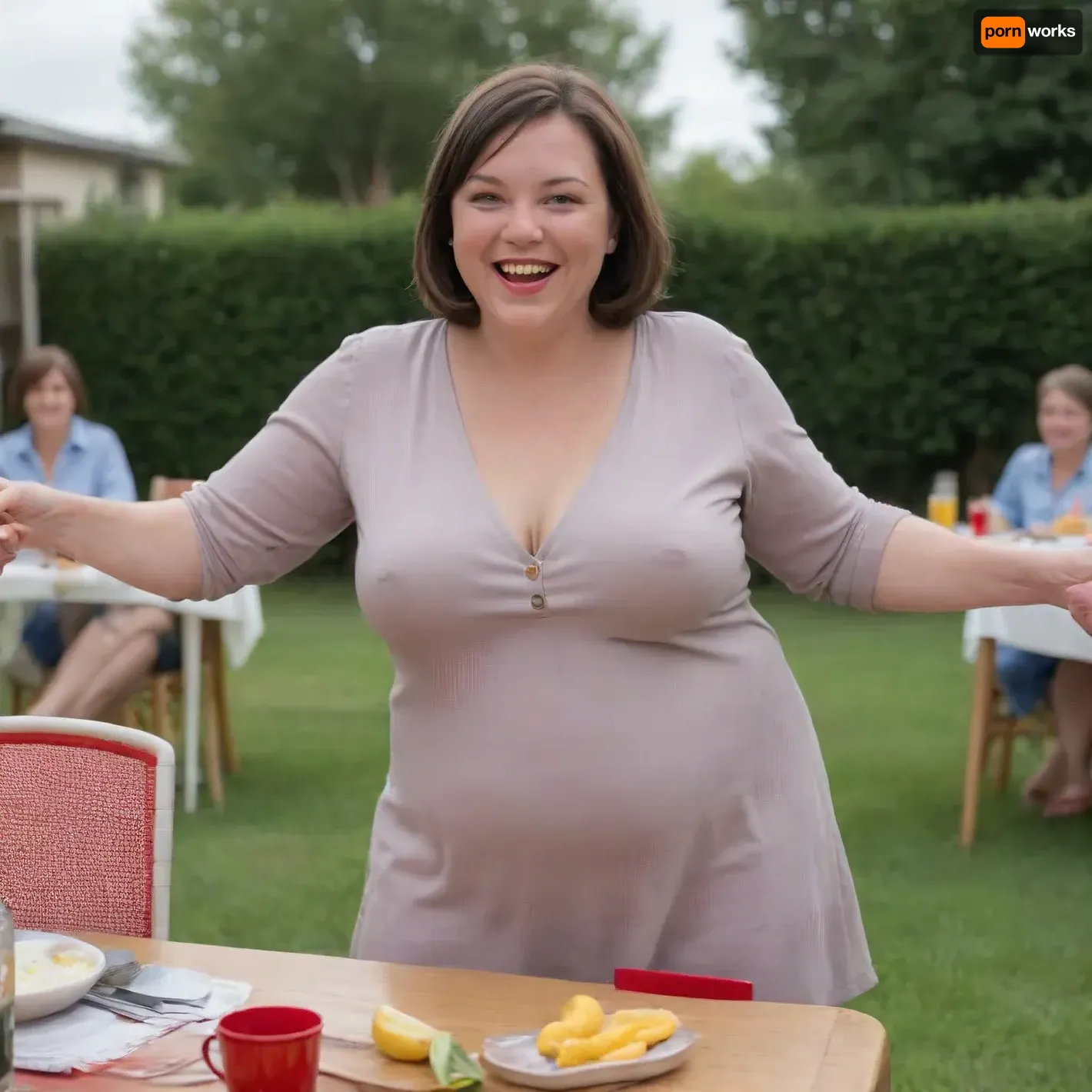 Sunny summer day, bright sunny day, The chubby milf 35 is dancing on the lawn, green lawn, stark naked body, chubby milf, topless, medium very saggy tits, no panties, plump hairy pubis, cameltoe, brown hair, bobcut hair, dark green eyes, happy smile, (normal quality:2), ((fully dressed people at table in background:1.5))