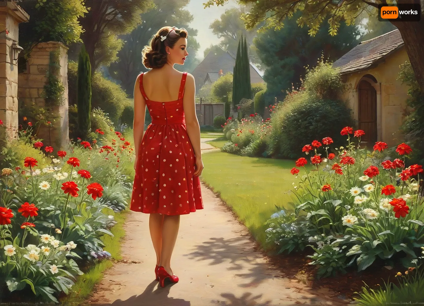 a traditional pin-up oil painting or acrylic on canvas in classic 1950s style, featuring a young woman seen from the back in a red dress with white polka dots, matching headband, standing barefoot on a sunny garden path, turning halfway to smile over her shoulder, surrounded by blooming flowers and vintage garden elements, soft natural lighting, warm tones

Negative Prompt, extra fingers, extra arms, fused limbs, bad anatomy, distorted face, deformed body, low quality, blurry, disfigured, mutated, ugly, wrong head shape, too many teeth, poorly drawn hands, unrealistic lighting, style, of, Gil, Elvgren, latex, matte, shiny, inflatable, <lora:tbh149-sdxl:1>, <lora:shinylatex-merged:1.5>