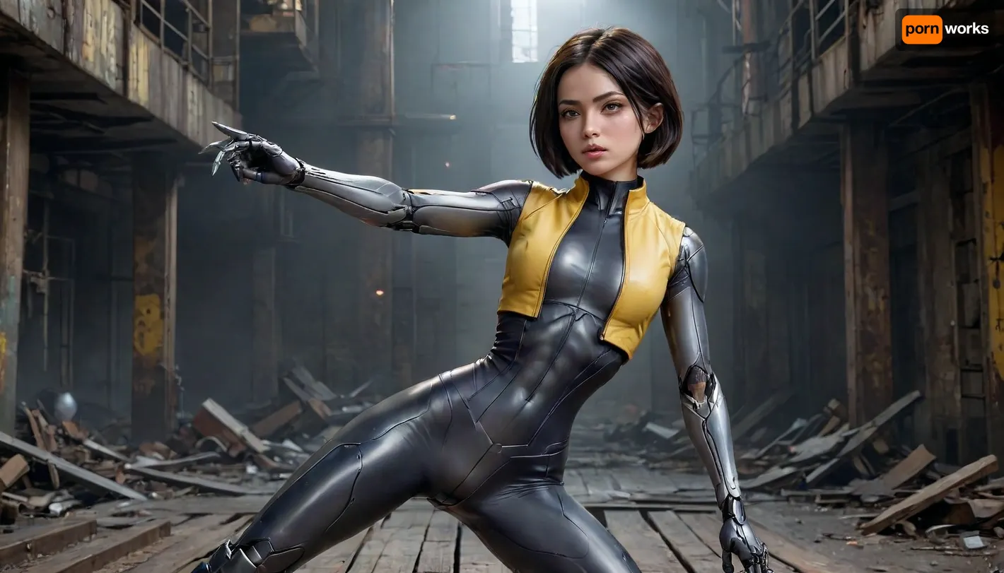 Alita. The image shows a cyborg girl in a fighting pose, located in an abandoned industrial site. The girl has a flat chest and narrow hips. The girl, with a short black haircut, is dressed in a black tight-fitting suit with a yellow jacket. Her left hand, with which she pushes off the wooden boards, has a metal prosthesis. In her right hand, she holds a weapon similar to a wide knife with serrated edges. The girl's face expresses tension and determination.

The background is a dark industrial landscape with massive buildings and broken structures. A large mechanical hand with sharp claws is visible on the right side of the image. Debris and debris are scattered on the ground, including parts of robots and mechanisms. In the distance, an illuminated building is visible, providing the only source of light in the background. The color scheme of the image is predominantly dark, with a predominance of blue and gray shades, which creates a gloomy and tense atmosphere., flat, chested, Alita, <lora:SDXL_BetterFaces-LoRA_v1:.8>, <lora:flat_chested_v3.5:.8>, 4lit4, <lora:Alita_SDXL_v2:.8>