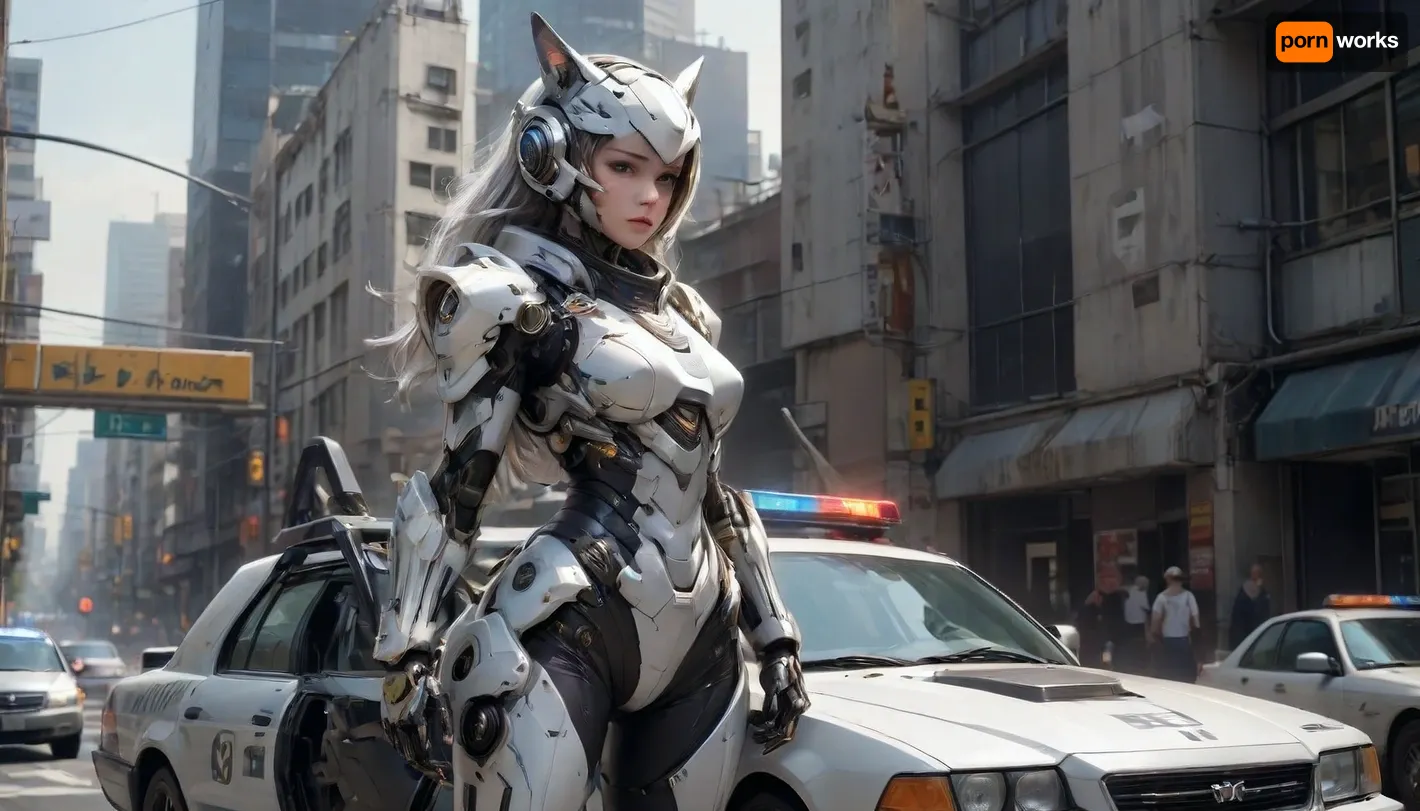The image shows a young, thin woman in a futuristic suit standing on a police car. She is dressed in white and gray armor, with an open torso. On her head she has a helmet with ears, similar to a cat's. On her left hand is a mechanical device with several fingers. She is standing with one foot resting on the hood of the car, and the other on the fender.

In the background, city buildings are visible, as well as a crowd of people watching the event. Above the car hangs a road sign with the inscription "Downtown CA" and an arrow pointing downwards. On the bumper of the car is a yellow tape with the inscription "CAUTION SEX TAPE CAUTION".

The hood of the car is painted red and white. The reflection of the surrounding landscape is visible in the transparent dome above the hood. Inside, you can make out a steering wheel., <lora:Mecha_Ggorgeous_Armor-000011:.8>, mecha, <lora:mecha-000009 (1):.8>