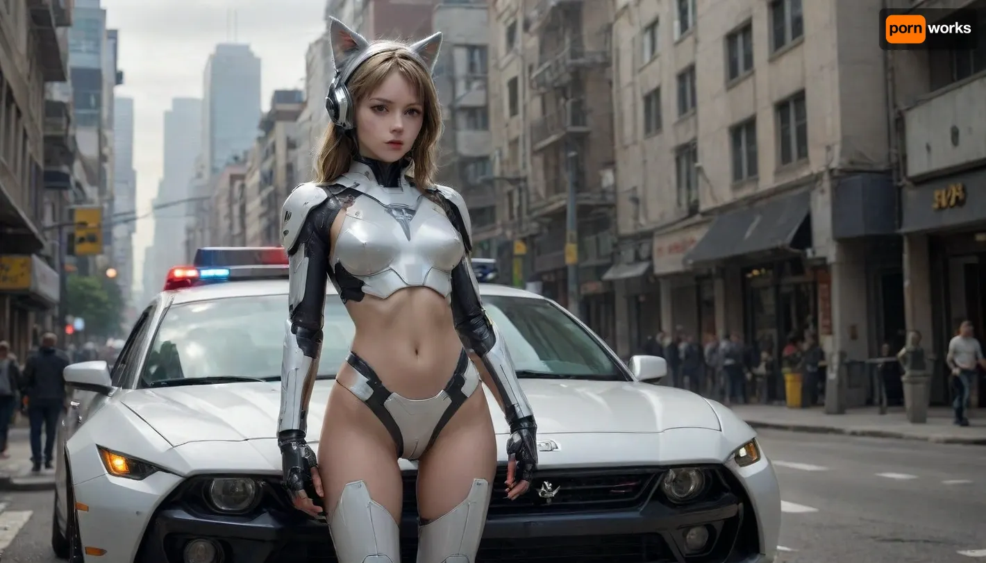 The image shows a young, thin woman in a futuristic suit standing on a police car. She is dressed in white and gray armor, with an open torso. On her head she has a helmet with ears, similar to a cat's. On her left hand is a mechanical device with several fingers. She is standing with one foot resting on the hood of the car, and the other on the fender.

In the background, city buildings are visible, as well as a crowd of people watching the event. Above the car hangs a road sign with the inscription "Downtown CA" and an arrow pointing downwards. On the bumper of the car is a yellow tape with the inscription "CAUTION SEX TAPE CAUTION".

The hood of the car is painted red and white. The reflection of the surrounding landscape is visible in the transparent dome above the hood. Inside, you can make out a steering wheel., mecha, <lora:mecha-000009 (1):.8>, flat, chested, <lora:flat_chested_v3.5:.8>, <lora:Thigh_gap_SDXL:.8>, <lora:ahxl_v1:.8>