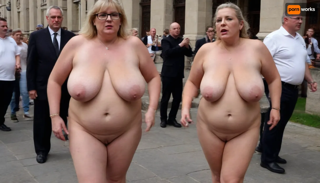 A wedding. Procession. City street. Naked blond obese woman. Well-dressed men in black suits and priests look at the Bride. She is a FAT 58-year-old woman, grandma, (((Full body with head visible))), . She is dressed only with a White veil on her head, White LACE BRA, naked body, no clothes, wrinkles, GLASSES, GRAY hair, collar, leash, ((daylight)), HD, true colors, detailed portrait. No blur, 8k, ultra HD photorealistic full height 8k, <lora:sagging-000015:.3>, plump, skindentation, chubby, bbw, venus, body, big, breasts, ass, <lora:Chubby BBW - XL:1.5>, (holding, with, mouth), <lora:356728_training_data:.8>, stretch, marks, <lora:stretch_marks:.8>