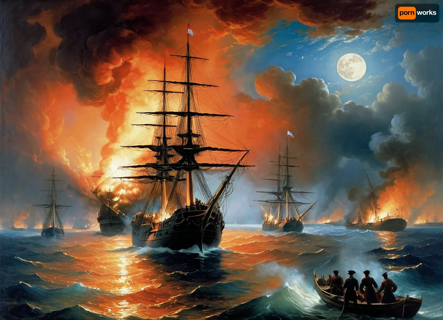 The painting is in the style of the Russian artist Ivan Konstantinovich Aivazovsky.In the depths of the bay, burning ships can be seen sinking, fragments of masts flying apart from the explosion. Rising flames with scarlet-blue smoke mix with clouds, and the light of the moon illuminates the hellish mixture of fire and water. In the foreground, the flagship of the Russian fleet "Three Hierarchs" stands in dark silhouette, to which a boat with the crew of the fireman D. S. Ilyin approaches. Behind the "Three Hierarchs" are "Europa" and "Rostislav", on the left in the background is "Don't touch me", (the location of the Russian ships is slightly "edited" by Aivazovsky, the ships are closer to each other than they were in real combat), . On the left in the foreground, Turkish sailors can be seen in the water, clinging to the wreckage of ships in order not to drown. In the background, the city is illuminated by the glow of the fire. The composition is built on a sharp contrast between flames, pale moonlight, clouds of smoke and fire covering the sky — all this creates the impression of tension and drama of the events taking place. Visually, the center of the picture is not even the Russian ships in the foreground, visible more as silhouettes against the background of clouds of flame and smoke, but the burning formation of the Turkish fleet., painted in the so-called oriental taste.