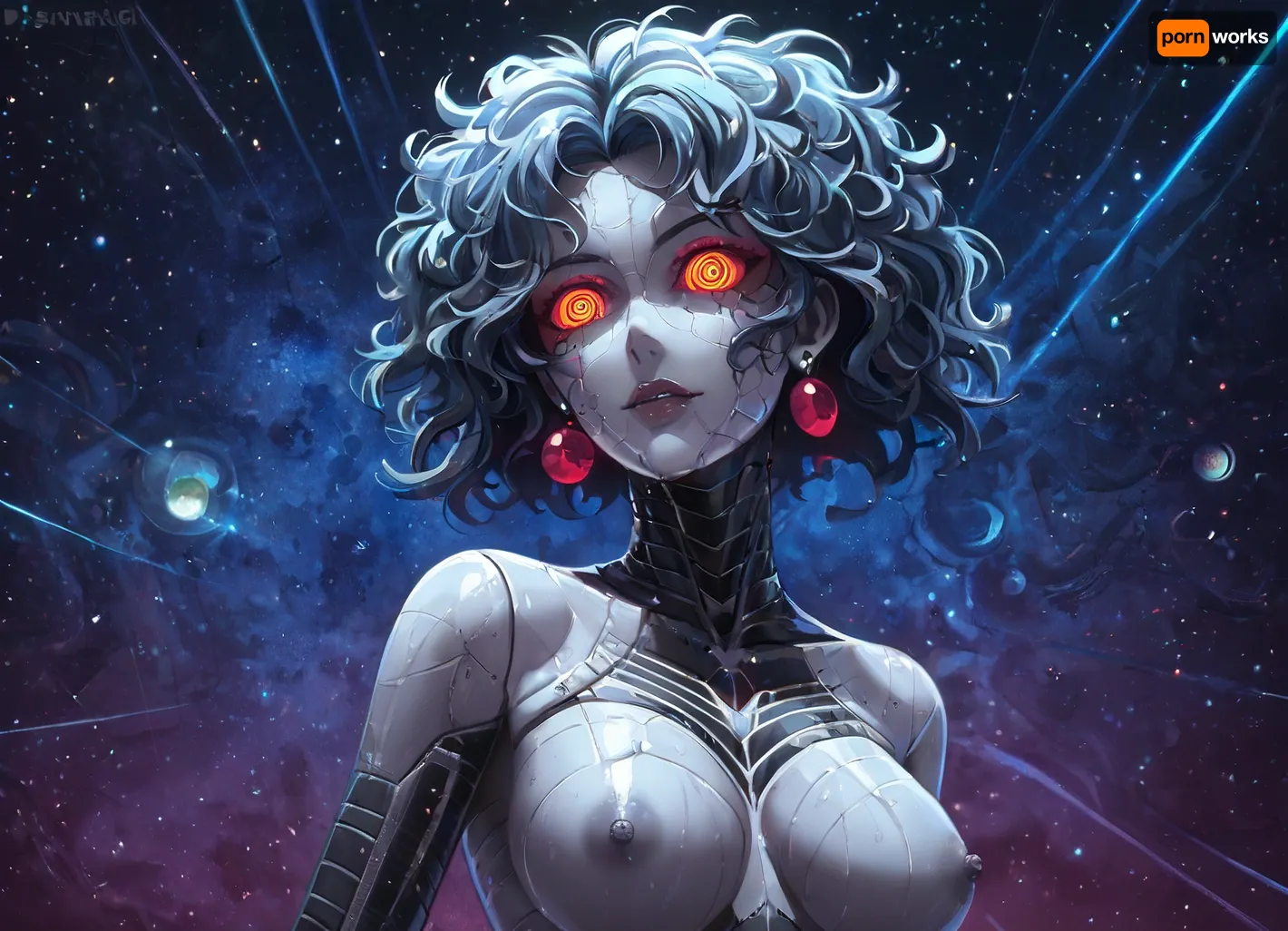 Dark death nude android girl Yumi Kuroda dancing with the Galaxy, deep space, scale metal skin, <lora:aesthetic_anime_v1s:.8>, psychedelic, art, drdjns, style, <lora:drdjns:.8>