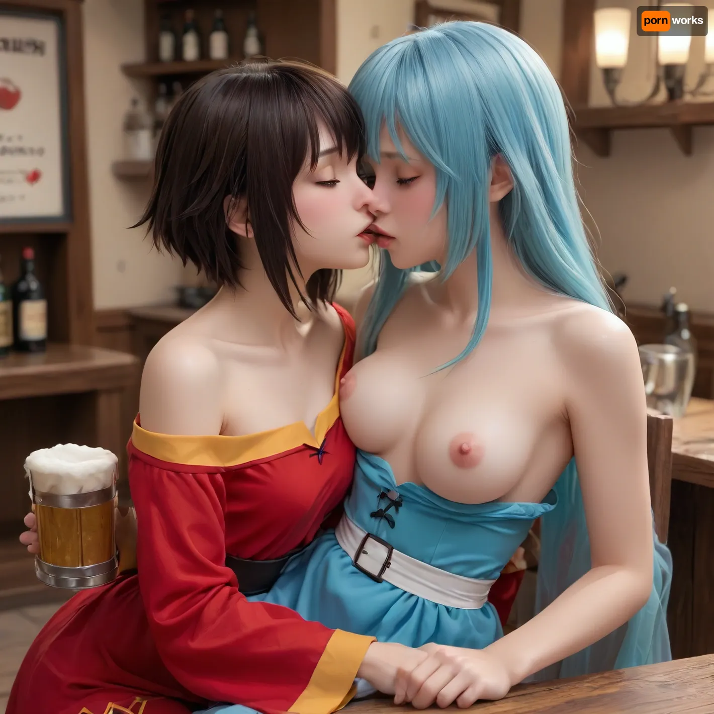 In a tavern, Megumin konosuba, aqua konosuba, megumin completely drunk, Megumin Red dress brown, a mug of beer in one hand, kisses Aqua's breasts, aqua blue dress and blue hair, Aqua is sleeping on a chair with her head slightly back and a trickle of drool at her mouth