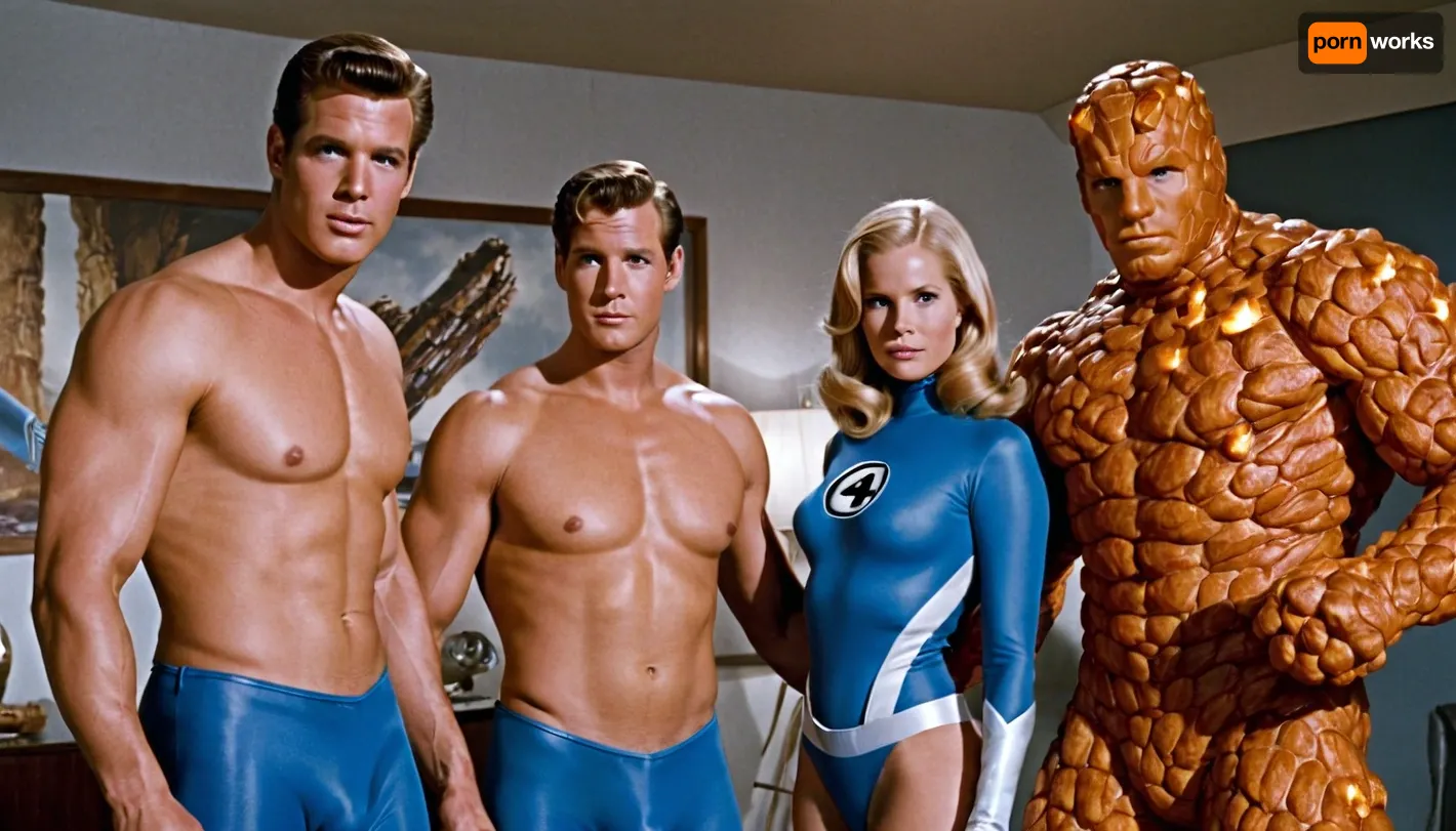 4 people, all 4 of the Fantastic Four together in their retro-futuristic home, 3 men 1 woman, the Invisible Woman Sue Storm is bottomless and fucking Mr Fantastic, naked pussy, pussy showing, fucking reverse cowgirl, she is wearing a blue top with the Fantastic Four logo on it and has large natural boobs and is naked below the waist, she has bushy blonde pubic hair, Mr Fantastic Reed Richard is wearing a Fantastic Four costume with his pants down showing his very long penis, The Thing Ben Grimm is naked and muscular with orange rocky Thing skin and huge penis, The Human Torch Johnny Storm is a naked man on fire and covered in flames, the Fantastic Four orgy, retro 60s futuristic furniture and decor.