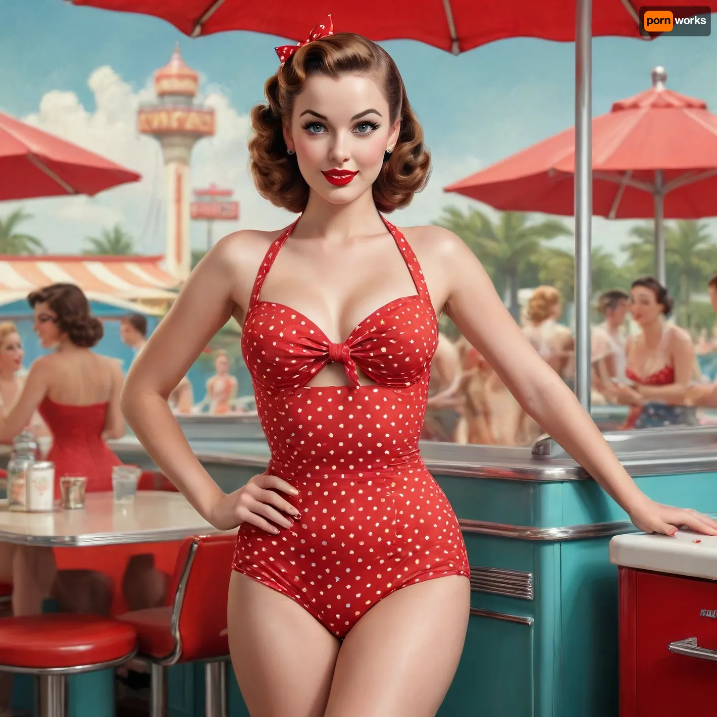 A pin-up style illustration of a young woman in mid-20th-century retro aesthetic.full length, She has large expressive eyes, fair skin, soft wavy auburn hair in a 1950s hairstyle, and a cheerful or playful facial expression. She is wearing a classic red one-piece swimsuit with white polka dots, or a vintage red dress in the same pattern, depending on the scene. Her body is medium build with natural curves — not exaggerated, realistic proportions. She appears in dynamic or charming poses, reflecting mid-century pin-up art. The lighting is soft and vintage-inspired, with a clean background or stylized setting appropriate to the theme, (e.g., beach, kitchen, veranda, amusement park), . Illustration is rendered in traditional pin-up painting style, (like Gil Elvgren), with warm tones and gentle shading