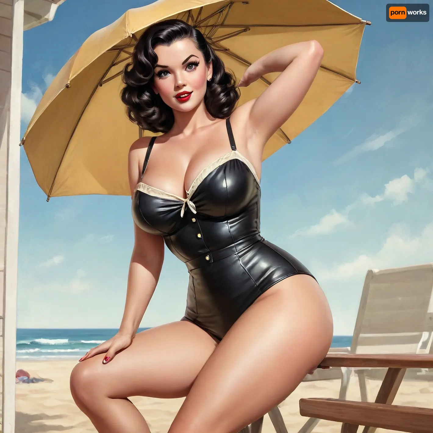 A pin-up style illustration of a young woman with a mid-20th century retro aesthetic. Full length. She has large expressive eyes, fair skin, soft wavy black hair in a 1950s hairstyle, and a cheerful or playful expression. She is wearing classic leather BDSM clothing. Her body type is medium, with natural curves, no exaggeration, realistic proportions. She appears in dynamic or charming poses, reflecting mid-century pin-up art. The lighting is soft and vintage-inspired, with a clean background or stylized setting appropriate to the theme, (e.g., beach, veranda), . Illustration is rendered in traditional pin-up painting style, (like Gil Elvgren), with warm tones and gentle shading, <lora:milkers_v2:2>