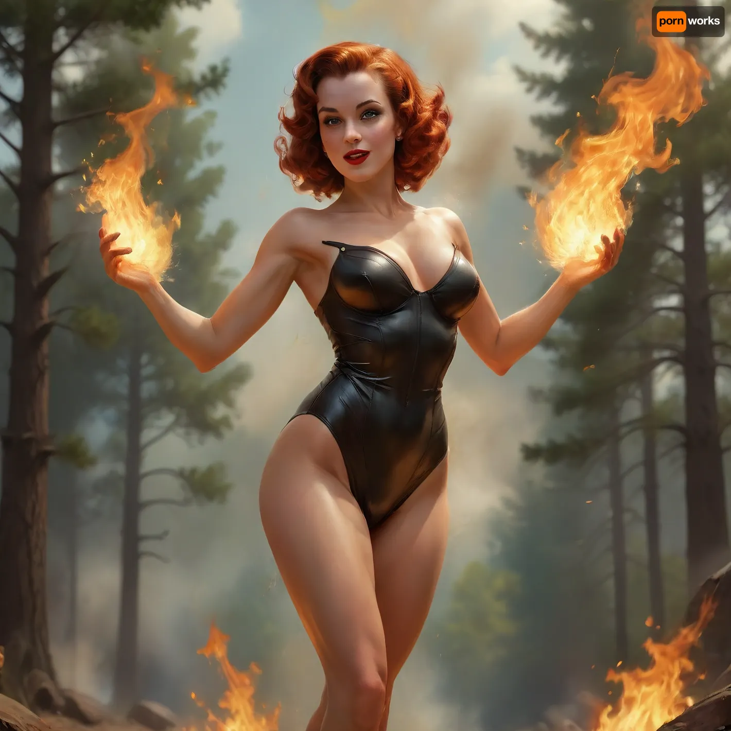 A pin-up style illustration of a young woman with a mid-20th century retro aesthetic. Full length. She has large expressive eyes, white skin, soft wavy fire elemental hair in a 1950s hairstyle, and a cheerful or playful expression. She is wearing classic leather BDSM clothing. Her body type is medium, with natural curves, no exaggeration, realistic proportions. She appears in dynamic or charming poses, reflecting mid-century pin-up art. The lighting is soft and vintage-inspired, with a clean background or stylized setting appropriate to the theme, (e.g. burning forest), . Illustration is rendered in traditional pin-up painting style, (like Gil Elvgren), with warm tones and gentle shading, sagging, Explosion, Artstyle, fire, elemental, latex, matte, shiny, inflatable, <lora:sagging-000015:2>, <lora:Explosion Artstyle - Trigger is Explosion Artstyle:1.5>, <lora:RPGFireElementalXL:1.5>, <lora:shinylatex-merged:1>