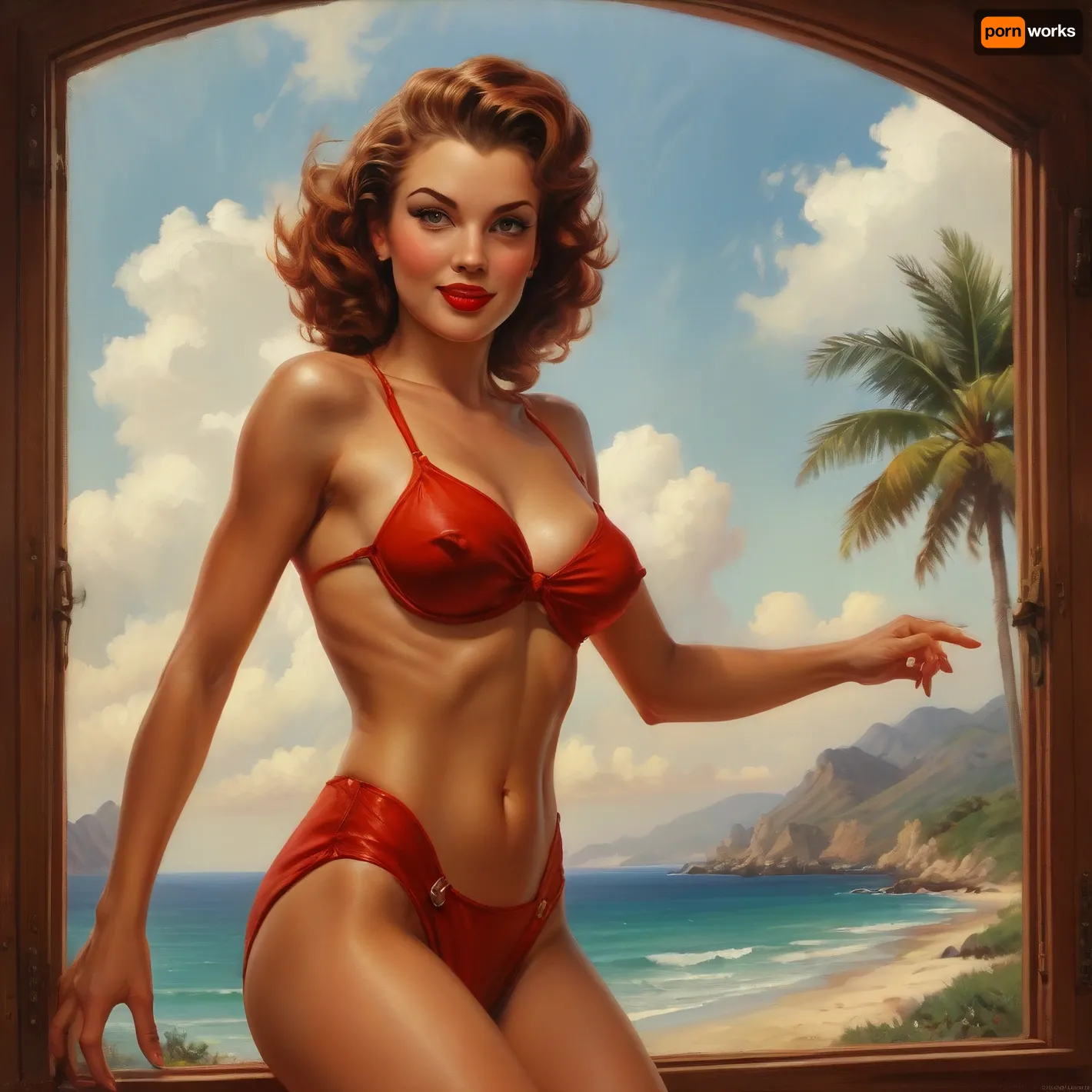 A pin-up style illustration of a young woman with a mid-20th century retro aesthetic. Full length. She has large expressive eyes, white skin, soft wavy fire elemental hair in a 1950s hairstyle, and a cheerful or playful expression. She is wearing classic leather BDSM clothing. Her body type is medium, with natural curves, no exaggeration, realistic proportions. She appears in dynamic or charming poses, reflecting mid-century pin-up art. The lighting is soft and vintage-inspired, with a clean background or stylized setting appropriate to the theme, (e.g. beach, veranda, sea), . Illustration is rendered in traditional pin-up painting style, (like Gil Elvgren), with warm tones and gentle shading, sagging, fire, elemental, style, of, Art, Frahm, <lora:sagging-000015:2>, <lora:RPGFireElementalXL:1.5>, <lora:tbh210-sdxl:1.5>