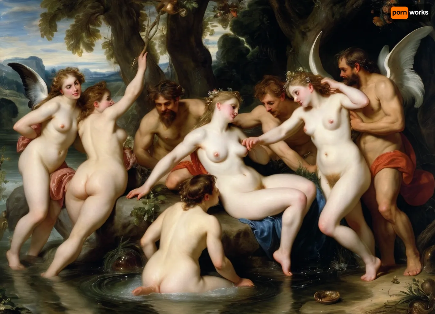 (Peter Paul Rubens Style:1.5), masterpiece, full color image, 8K quality, epic oil painting, "Nymphs and Satyr", in the style of artist William Bouguereau, The painting depicts a group of nymphs who, bathing naked in a secluded pond, discovered a voluptuous satyr peeping at them. Surrounding him from all sides, they drag the satyr, who is resting his hooves into the water.
Recognizing the high quality of Bouguereau's academic style, critics noted the "aristocratic seductiveness" of the nymphs after the painting appeared. One of the critics wrote that they
... lovely, slender and elegant, like Parisian ladies of high society… I'd say they're too adorable. It seems that they have just left the beauty salon, and Atlasthe incredible tenderness of their skin could only be achieved through regular bathing in almond milk.In Greek and Roman legends, satyrs and their doppelgangers-fauns, sylvanas, Silenus, and pan-appeared most often as pranksters, buffoons, cowards, drunkards, sensualists, deceivers, and libertines. In the Christian tradition, they began to be associated with the devil. Satyrs are the constant companions of dryads. They represent a group of forest deities, fertility demons, always cheerful, full of strength. These goat-footed creatures inhabited the Greek islands in great numbers., <lora:Peter Paul Rubens Style:1.3>