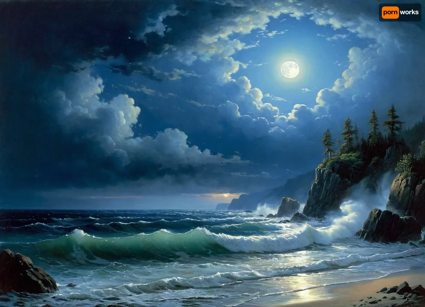 A stormy night. The last wave agitated the sea. It's boiling furiously. The waves break on the rocks in a rapid run. Terrible shaggy clouds are racing across the sky. The moon peeked through the clouds and illuminated the sea and the distant rocky shore. Moonlight flickered like diamonds on the lace of foam. The onset of the enlightenment of nature brings a stream of peace to the "last clouds of the scattered storm" running across the sky.Usually very quick at work, Aivazovsky painted this painting in such a way that it reflected his state of mind, in order to depict the halo of moonlight, he danced around it with a round brush the smallest splashes of light paint, the same as the moon itself.The rocky mountains are written differently, on which almost no moonlight falls. They are depicted as dark generalized masses, with a thicker tone than the sky. The sparse detailing of their shapes still makes it possible to distinguish steep cliff breaks, crevices in the mountains and a stone scattering at their foot on the surf edge. The sea in the part where the moonlight does not penetrate is also written very widely. The waves, breaking on the coastal cliffs, permeated by moonlight, acquire a phosphorescent hue.