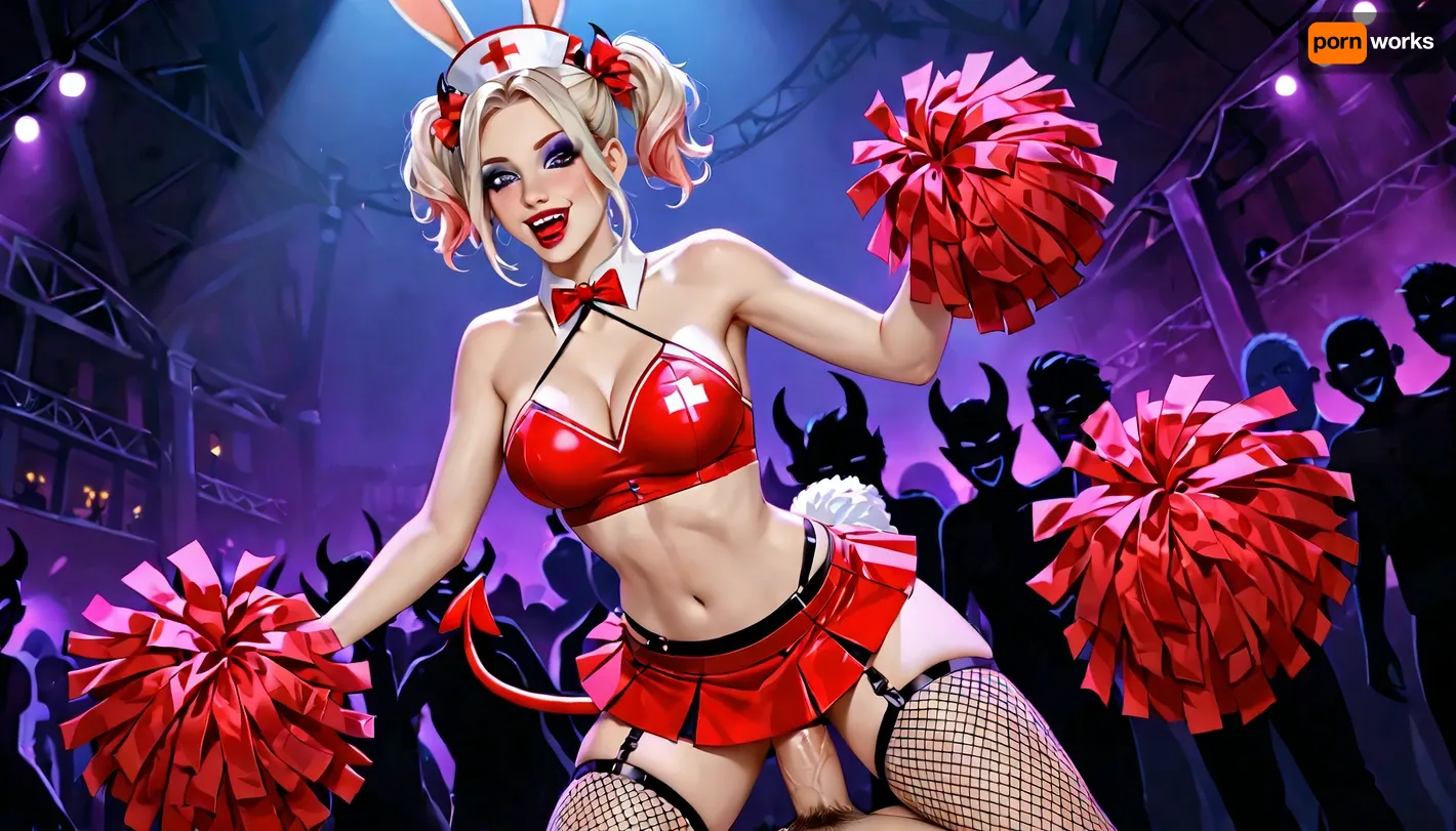 A sexy group photo of ten 60-year-old girls at a high Extreme Sex Toys, Sex Toys, Dildo Strapon Disco party. High Extreme Dildo Strapon Party girls, young, Hold Extreme Large Silicone Penis in Hand, Hold Porno Large Silicone Penis in Hand, group sex, Fuck, Each girl is dressed in sexy costumes with fishnet stockings—, (one as a sexy nurse in white), (another as a sexy cop in blue), (and a sexy french maid in black and white), Leather Outfit, (and a devil in red with devil horns), (and a cheerleader in pink with pompoms), (and a bunny in black with fluffy ears and a tail), and other teamed costumes. They have heavy make up with lipstick, mascara and eyeshadow. They are dancing in a crowd, mischievous grins, drunk, sexy, teasing, seductive, spooky. The setting is a party in a big mansion, dark room with flashing lights, and a dj at a dj booth in the background. colorful Halloween decorations—pumpkins, ghost banners, and spiderwebs—are scattered in the background. The camera captures them from a slightly tilted angle, spooky aesthetic, sensual and vibrant. The bright lighting enhances their vibrant costumes and creates a steamy, sexy atmosphere. Sex Orgy, sex party, erotic, pornographic