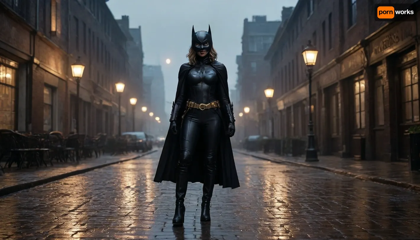 Lynx, villain, Gotham street. The image shows a girl dressed in a Batman-like costume walking down the street. She is wearing a tight black textured costume, a mask with ears, gloves, and a cape fluttering behind her. Around her waist is a gold belt with a buckle. On her feet are high boots with decorative elements.

The girl is standing on a city street paved with cobblestones that reflect the light. On both sides of the street are buildings with burning lanterns, the light of which is also reflected on the wet surface. In the background, a full moon is visible in the sky, creating a mystical atmosphere. Parked cars can be seen in the distance.

1girl, Gotham, street, moon, tas-art-style, gotham-city, cityscape, red, sky, sunset, night, city, lights, <lora:Gotham_Villains_Series_Lynx:.8>, horror, scene, dark, glowing, eyes, rooms, girl, kitchen, gore, <lora:3cfdf102b8e09e99ae7eb77b194d9459:.8>, supermodel, face, big, lips, <lora:Beautify-Supermodel-SDXL:.8>, <lora:278488_training_data:.8>