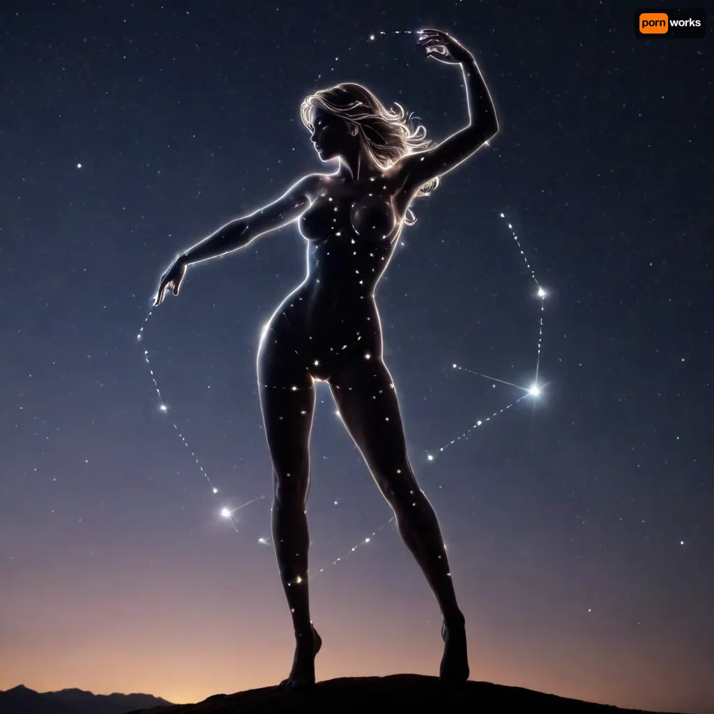 night sky. A strip of the horizon is visible, The transparent silhouette of a dancing sexy Goddess of Love is made up of stars. She is a constellation in the sky. The constellation shines much brighter than all the others.

A mysterious naked transluent silhouette of a sexy woman made of starlight, ((a transparent silhouette of a sexy woman made out of constellation style and signs with stars)), hold in hand moon, <lora:c0nst3llation:1.2>