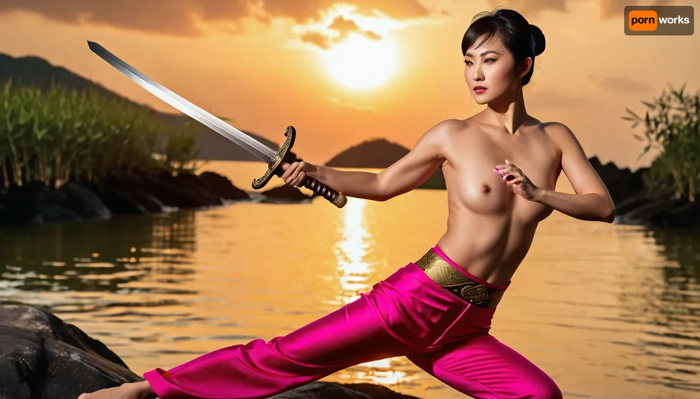 (Photorealistic:1.3), (Wushu master:1.2), beautiful Chinese woman, (beautiful face:1.1), black hair, pixie cut, athletic, elegant, (bright pink wushu pants:1.4), gold pattern, (topless:1.5), big beautiful breasts, (holding a sword:1.3), outdoors, sunset, golden hour, (seaside:1.1), bamboo forest, water, clouds, soft light, backlighting, detailed eyes, dynamic pose, martial arts, calmness, serenity, photography, high detail, (colors:1.1), film, masterpiece, high quality, 8k, cinematic lighting