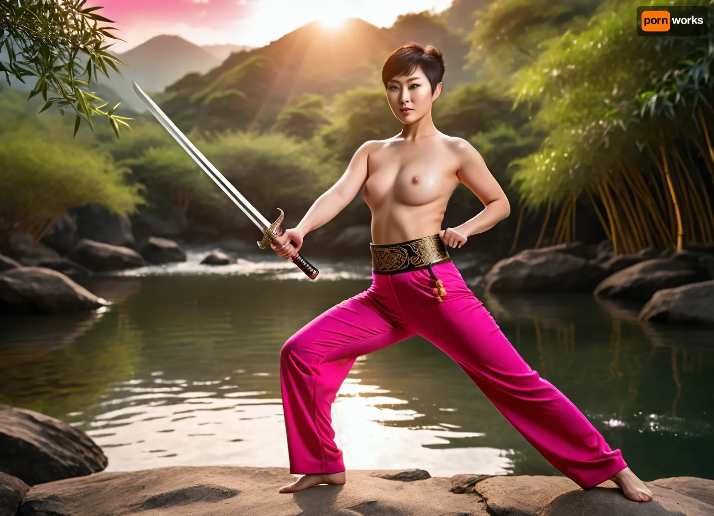 (Photorealistic:1.3), (Wushu master:1.2), beautiful Chinese woman, (beautiful face:1.1), black hair, pixie cut, athletic, elegant, (bright pink wushu pants:1.4), gold pattern, (topless:1.5), big beautiful breasts, (holding a sword:1.3), outdoors, sunset, golden hour, (seaside:1.1), bamboo forest, water, clouds, soft light, backlighting, detailed eyes, dynamic pose, martial arts, calmness, serenity, photography, high detail, (colors:1.1), film, masterpiece, high quality, 8k, cinematic lighting
