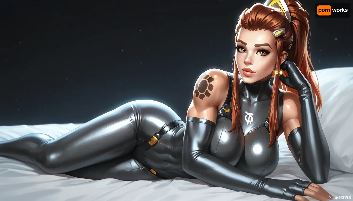 brigitte from Overwatch, solo, a very very very long thick braid, red hair, full lips, thick lips, huge chest circumference, dark olive skin, tight micro Starfleet Officer metallic high-necked long-sleeved high-rise bodysuit, sexy pose on the bed, black background