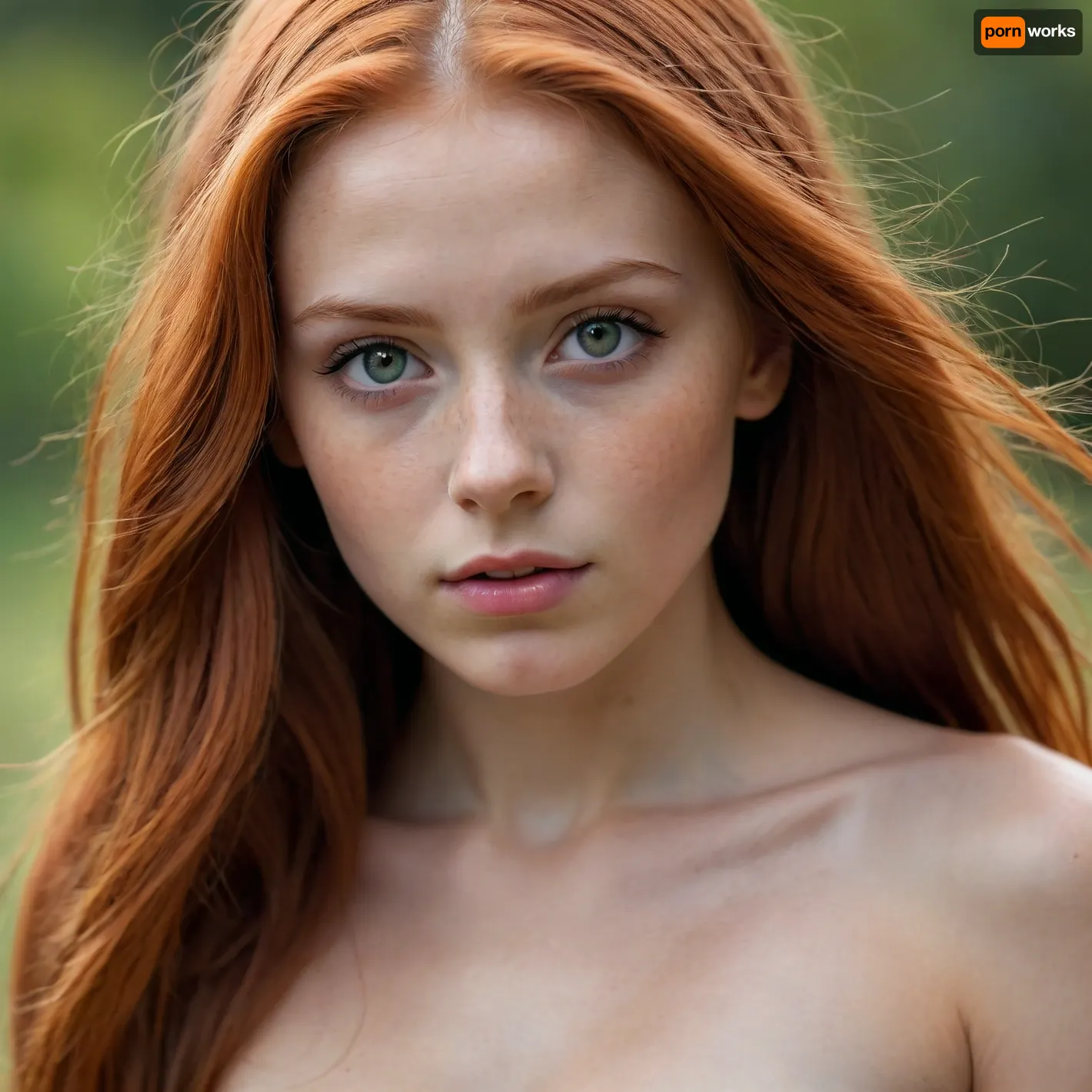 young girl face, nude, long red hair