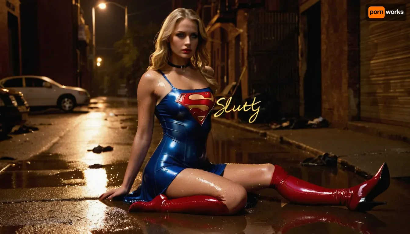 (on legs is handwritten in large letters text "Cheap Whore"), best quality, masterpiece, photo-realistic, ultra high res, fit and muscular, backlight, 18 year old woman, wet blonde hairs, submissive look, rain, ((torned shiny sexy skintight supergirl dress)), dirt and scratches on wet legs, high heels, sitting with legs spread, dark and dirty alley corner, agony, she is addicted to drugs and have a lot of scratches, lots of used condomes on the ground, istopia, drug addicted, cum is floating from the pussy, rim light, drug injection in arm, jizzed, struggling, whore, Transformed Into Obedient Fucktoy, slutty, night, trash on street, dirty, torn clothes, revealing clothes, low color saturation, perfect eyes and lips, (on her body and legs is written "Slut" in large letters), choker, wetshirt, <lora:288407_training_data:2>