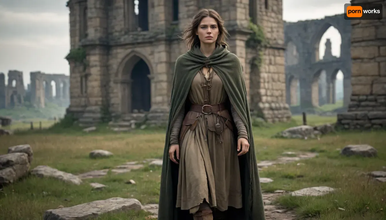 `Post-apocalyptic scene with nature reclaiming medieval ruins, ivy-covered stone castles, collapsed wooden watchtowers, overgrown cobblestone paths, and distant remnants of a shattered city with crumbling cathedrals. A weary woman in ragged, dirt-streaked clothing—patched woolen tunic, frayed cloak with a corroded clasp, scuffed leather boots—walks through a field of wild grass, her garments torn and stained with grime. She carries a dented copper flask, her face smudged with ash, sunlight filtering through haze to highlight the decayed landscape. 8k resolution, hyperrealistic textures, (weathered stone, matted fabric, oxidized metal), cinematic HDR lighting blending muted browns and gray-green tones, anti-aliasing, depth of field focusing on her figure against the ruins, ray-traced mist, lossless PNG format.`