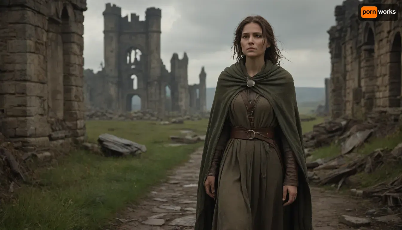`Post-apocalyptic scene with nature reclaiming medieval ruins, ivy-covered stone castles, collapsed wooden watchtowers, overgrown cobblestone paths, and distant remnants of a shattered city with crumbling cathedrals. A weary woman in ragged, dirt-streaked clothing—patched woolen tunic, frayed cloak with a corroded clasp, scuffed leather boots—walks through a field of wild grass, her garments torn and stained with grime. She carries a dented copper flask, her face smudged with ash, sunlight filtering through haze to highlight the decayed landscape. 8k resolution, hyperrealistic textures, (weathered stone, matted fabric, oxidized metal), cinematic HDR lighting blending muted browns and gray-green tones, anti-aliasing, depth of field focusing on her figure against the ruins, ray-traced mist, lossless PNG format.`