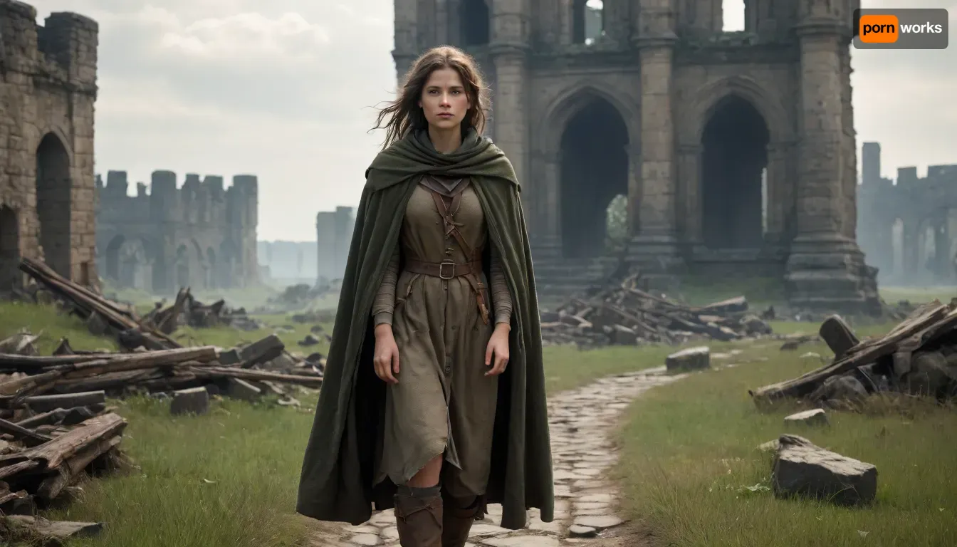 `Post-apocalyptic scene with nature reclaiming medieval ruins, ivy-covered stone castles, collapsed wooden watchtowers, overgrown cobblestone paths, and distant remnants of a shattered city with crumbling cathedrals. A weary woman in ragged, dirt-streaked clothing—patched woolen tunic, frayed cloak with a corroded clasp, scuffed leather boots—walks through a field of wild grass, her garments torn and stained with grime. She carries a dented copper flask, her face smudged with ash, sunlight filtering through haze to highlight the decayed landscape. 8k resolution, hyperrealistic textures, (weathered stone, matted fabric, oxidized metal), cinematic HDR lighting blending muted browns and gray-green tones, anti-aliasing, depth of field focusing on her figure against the ruins, ray-traced mist, lossless PNG format.`