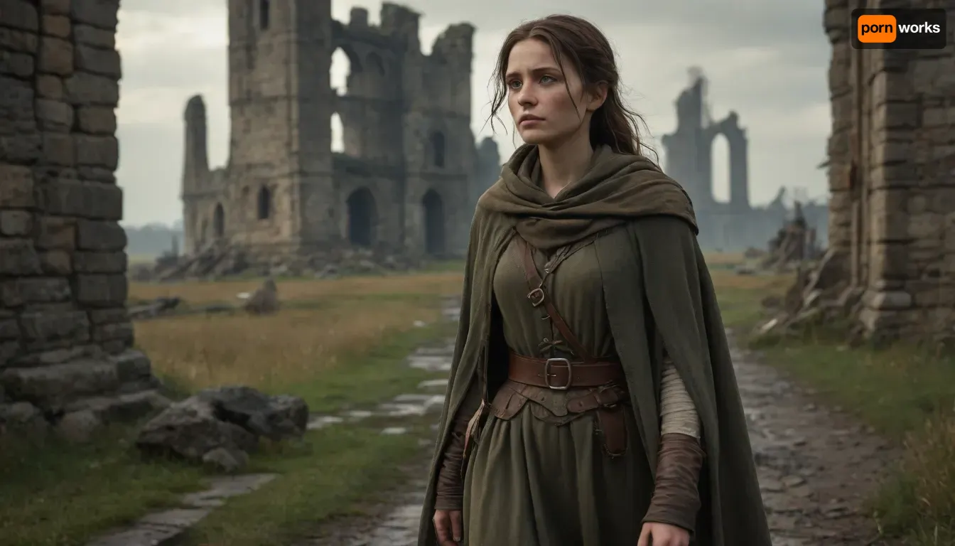 `Post-apocalyptic scene with nature reclaiming medieval ruins, ivy-covered stone castles, collapsed wooden watchtowers, overgrown cobblestone paths, and distant remnants of a shattered city with crumbling cathedrals. A weary woman in ragged, dirt-streaked clothing—patched woolen tunic, frayed cloak with a corroded clasp, scuffed leather boots—walks through a field of wild grass, her garments torn and stained with grime. She carries a dented copper flask, her face smudged with ash, sunlight filtering through haze to highlight the decayed landscape. 8k resolution, hyperrealistic textures, (weathered stone, matted fabric, oxidized metal), cinematic HDR lighting blending muted browns and gray-green tones, anti-aliasing, depth of field focusing on her figure against the ruins, ray-traced mist, lossless PNG format.`