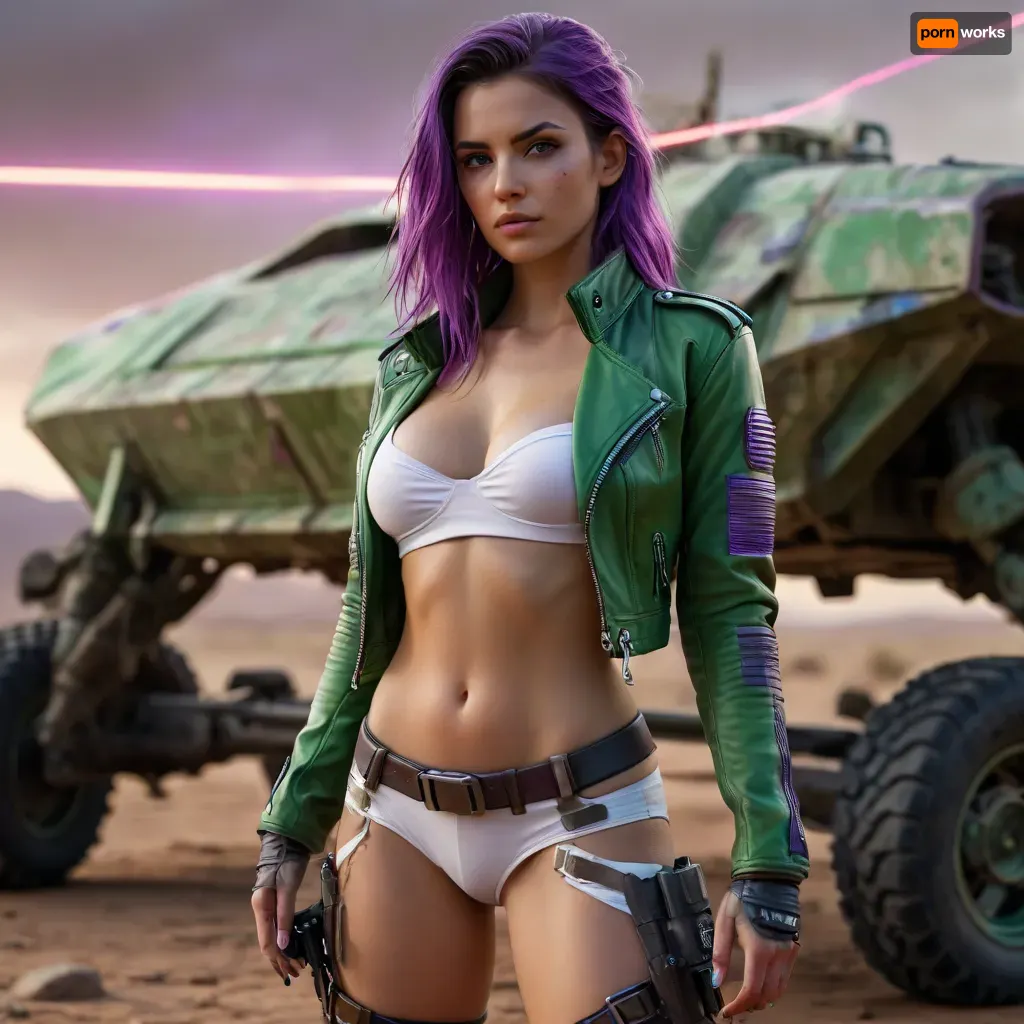 Futuristic Hum-V concept design with angular armor plating, a large plasma cannon on the roof, and vivid purple neon stripes tracing along the chassis, set in a post-apocalyptic desert wasteland, dramatic lighting, digital illustration, concept art style, high detail, sexy girl in green leather jacket flashing tits, white pantie, barefood, <lora:style_lora_realis:.8>