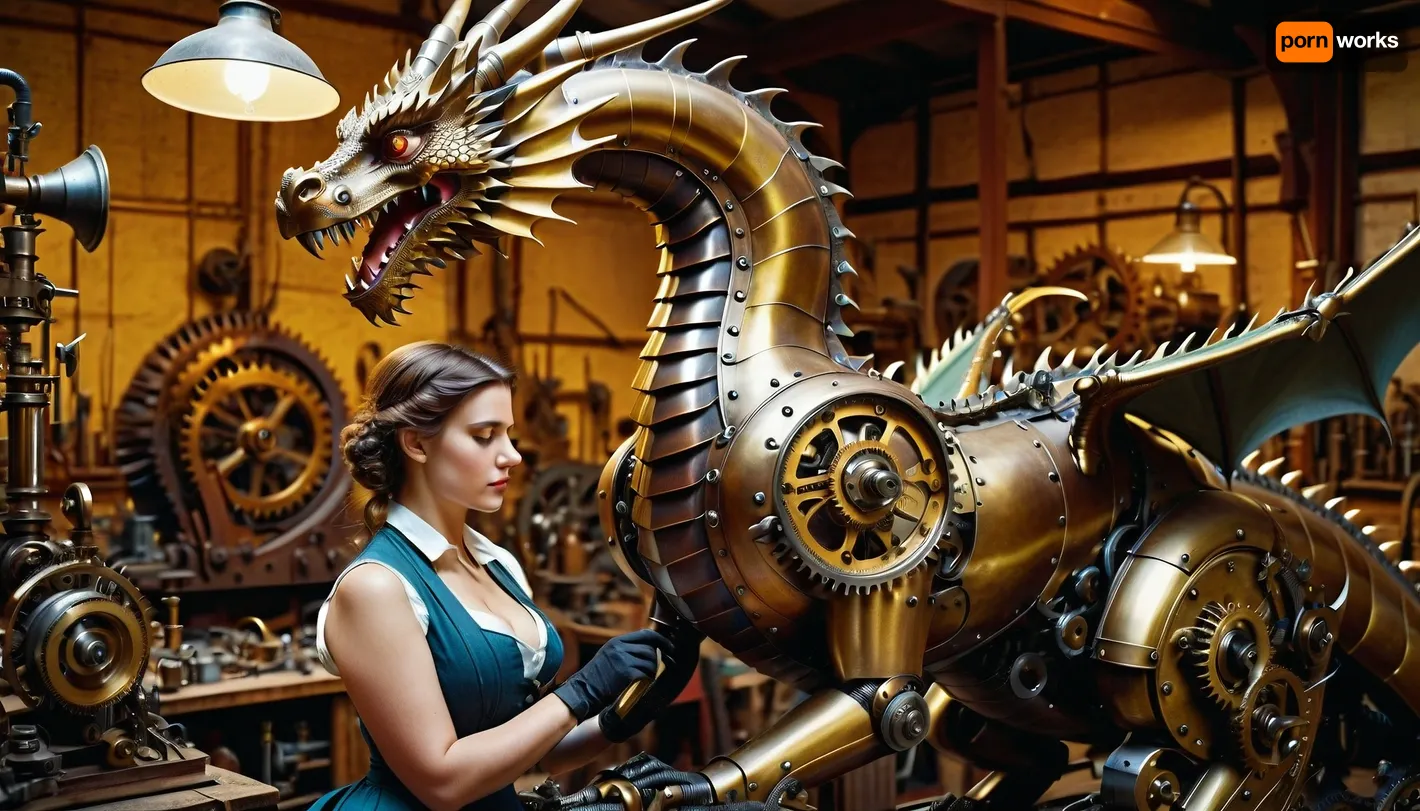 A young beautiful big breast woman in vintage Victorian work clothing, repairing a big mechanical dragon, in a workshop filled with mechanisms, gears and many tools.
Mechanical dragon made of metal and gold, crouched on its paws, in a Victorian workshop. Futuristic art. Bright daylight. Close-up, wide angle shot. Detailed, atmospheric, bright colors, photorealistic.