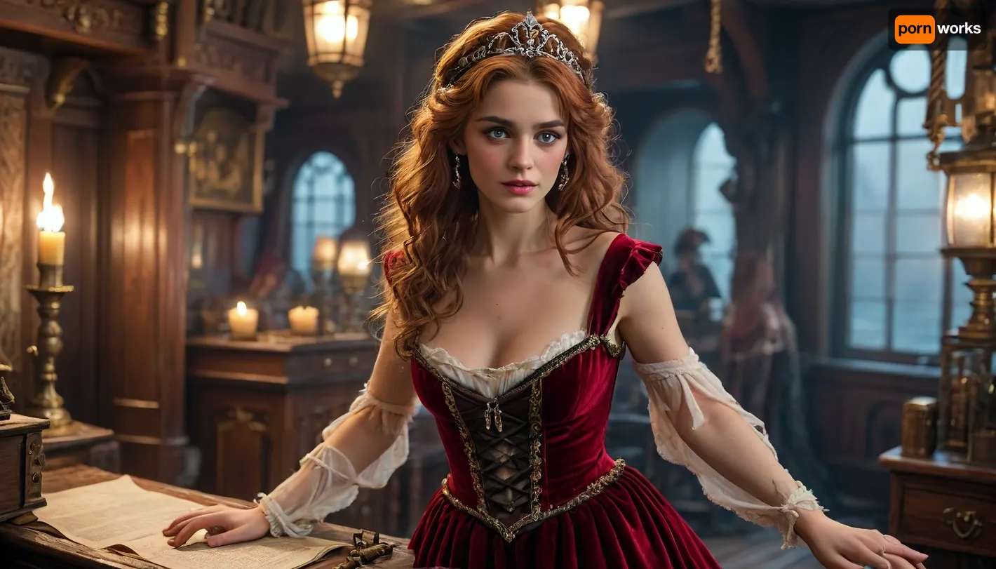 16th century, 1female princess, 1male pirate captain, Diana is an elegant, flat-chested princess with fiery red hair, (Diana is an incredibly beautiful princess with a slim and athletic figure), perfect face, perfect eyes, perfect hands, (she wears a somewhat revealing royal dark red velvet dress and a diamond-studded tiara on her head), (Diana is a prisoner aboard a large pirate sailing ship), (Diana's hands are tied:1.7), Diana has deep anal sex with a rough, impressive, (pirate captain with unkempt long hair:1.3), in his captain's cabin, (rum on the chart table, oil lamp, gold doubloons, untidy), ambient warm light, outside window is rain, night, storm, action pose, random angle, raw, princess, dress, <lora:MJ52:.8>, <lora:888698_training_data:1>, <lora:Pirate Ship Concept Art (VW Style)_epoch_10:.3>, <lora:Cloudy_Style:1>, <lora:xl_princess_dress-2.0:1.4>