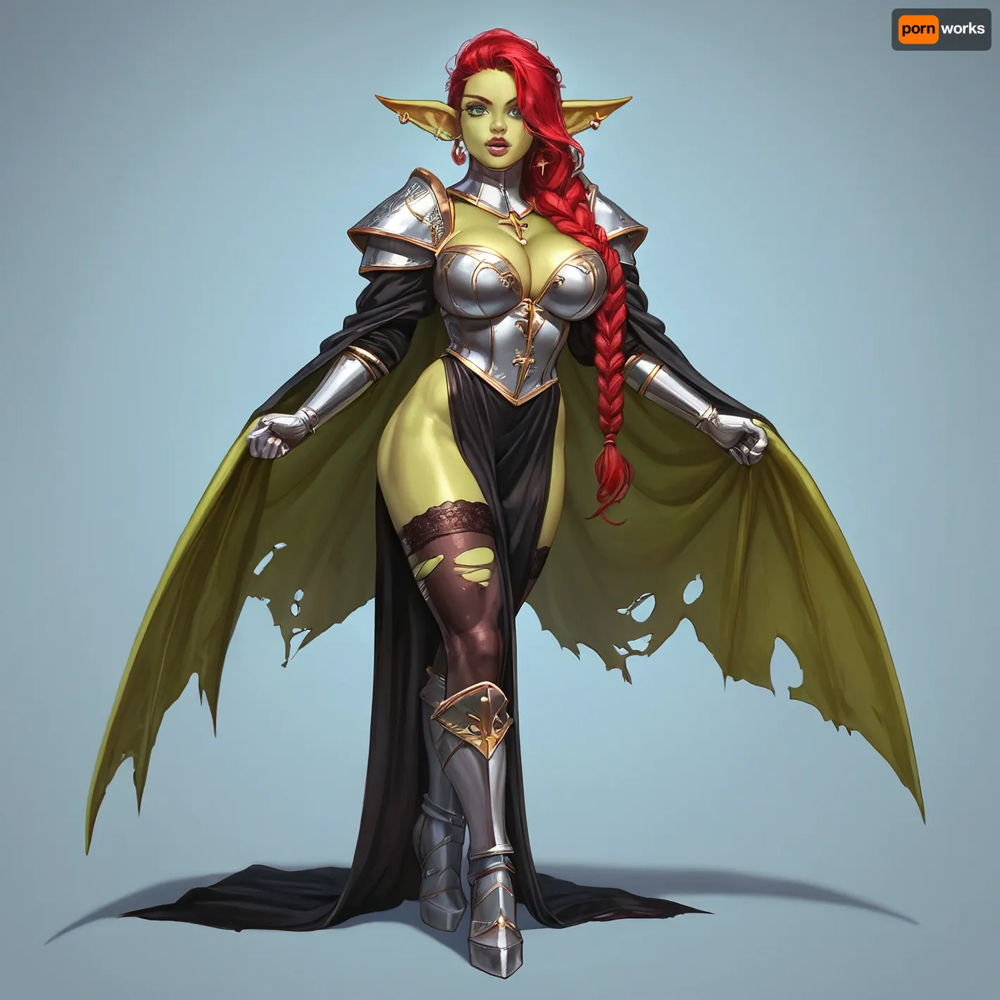 (female darkgreen goblin slim small body), solo, a very very very long thick braid, red hair, full lips, thick lips, huge chest circumference, muscular, wearing cleric robes and cleric armor and and cleric cloak cleric stockings, gigantic_Torn_wings, masterpiece, best quality high resolution realistic photograph, full body