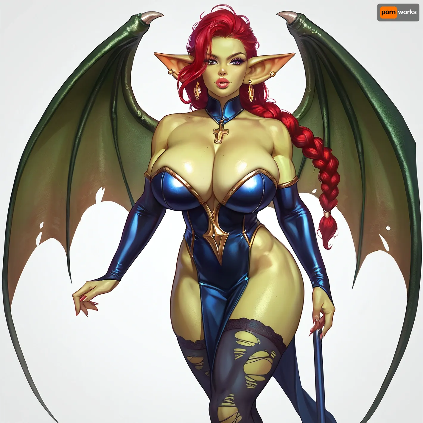 female darkgreen goblin body, solo, a very very very long thick braid, red hair, full lips, thick lips, huge chest circumference, muscular, wearing cleric robes and cleric armor and and cleric cloak cleric stockings, gigantic_Torn_wings, masterpiece, best quality high resolution realistic photograph, Gobla, <lora:Gobla:2>