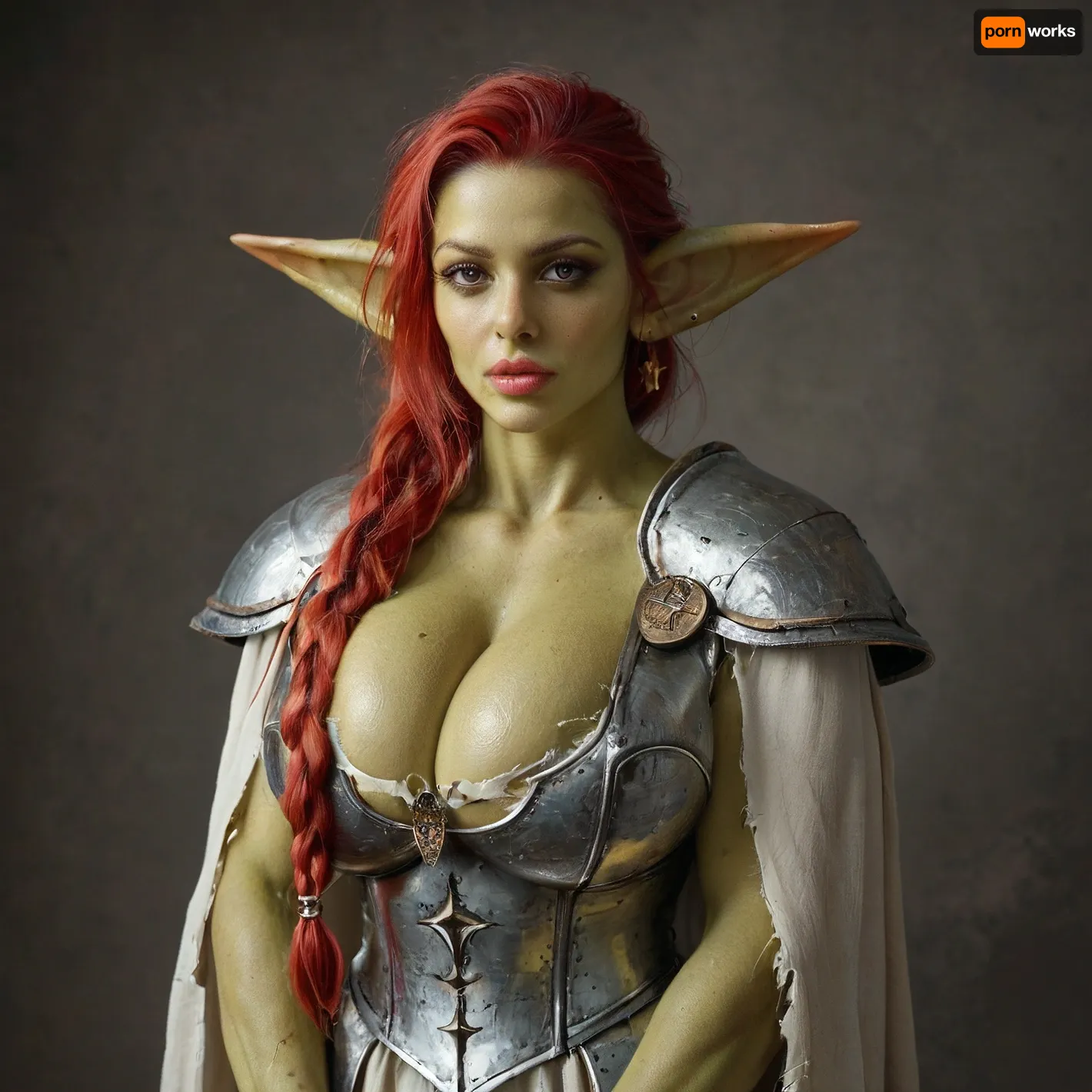 ((((female green goblin body)))), solo, a very very very long thick braid, red hair, full lips, thick lips, huge chest circumference, muscular, wearing cleric robes and cleric armor and and cleric cloak cleric stockings, gigantic_Torn_wings, masterpiece, best quality high resolution realistic photograph, Gobla, <lora:Gobla:2>