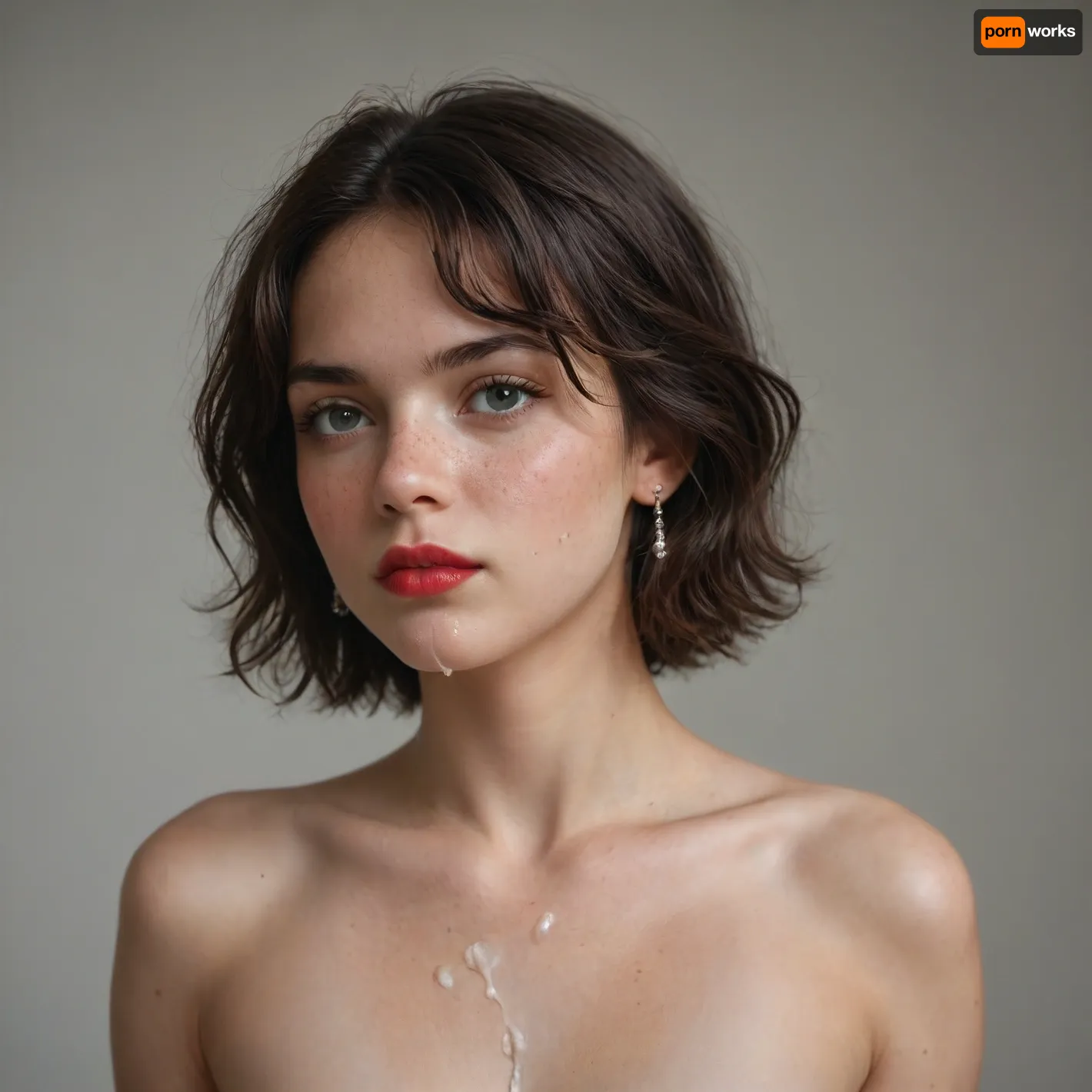 beautiful girl, 18 yo, skinny, small tits, flat chest, dark hair, short hair, standing, freckles, red lips, cum on face
