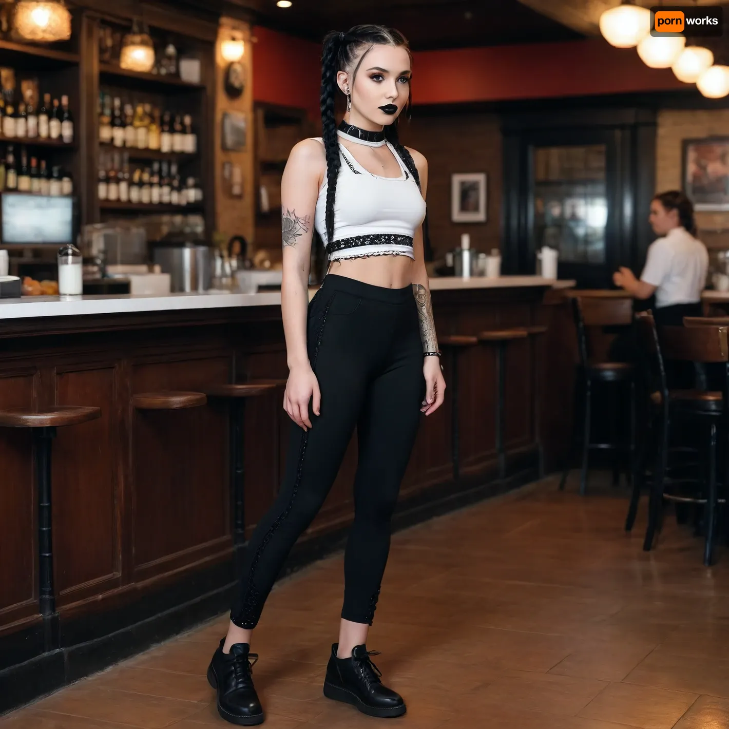 18 year old girl, black shoes, black leggings, white crop top, black braids, first job, restaurant server, full side view, black lipstick, goth, view from side