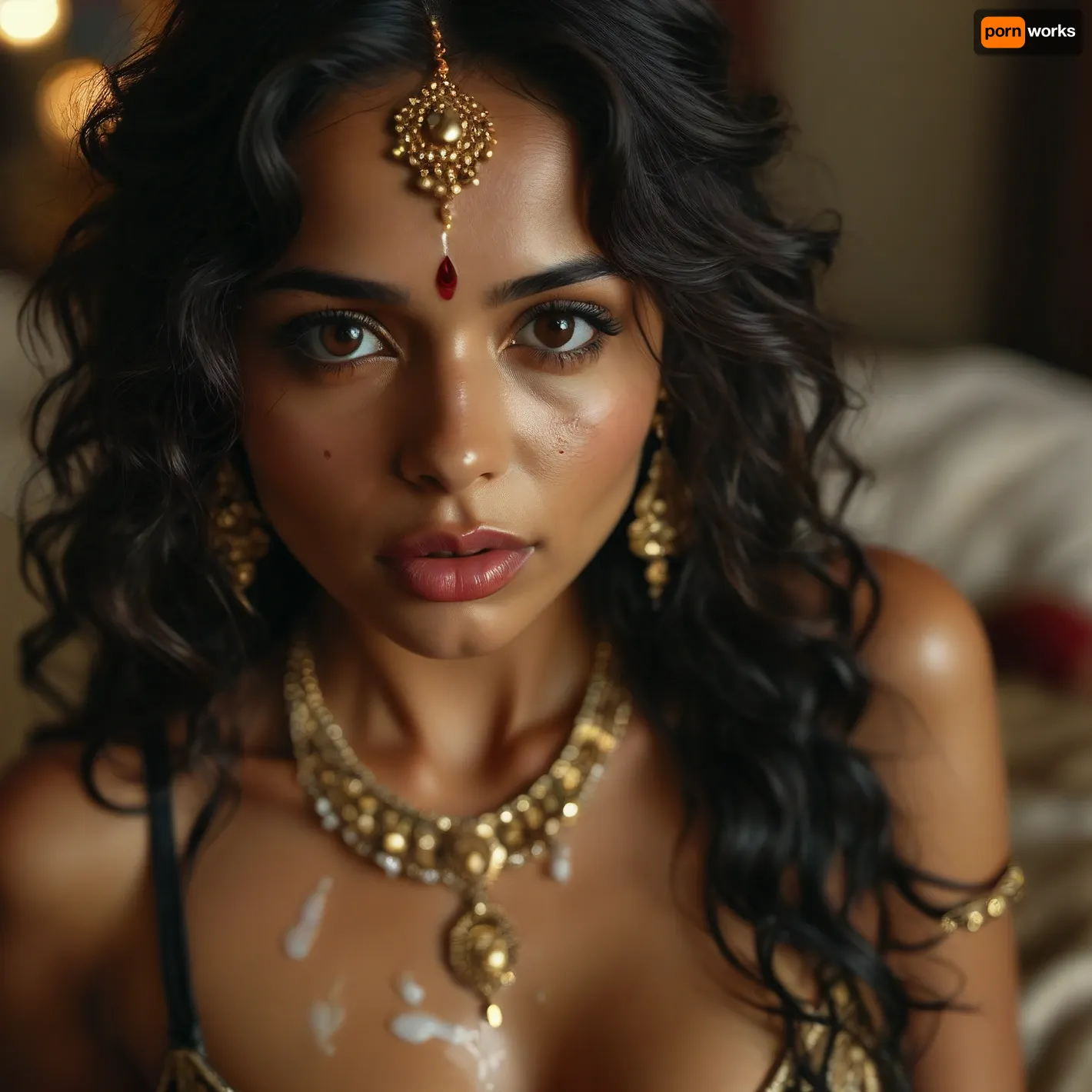 Close up, ((one woman)), ultra realistic, 30 year old indian woman with elegant gold traditional indian facial jewellry and head dress. black satin Bra, bra fuck and cum, small petite slim woman, ((high detailed skin)), ((34c breasts)), 32k uhd, dslr, (highly detailed long flowing wavy hair), highly detailed body, (realistic), insanely detailed, highest quality, horny expression, (looking at viewer), realcumAI, edgJBG_woman, edgJBG_face, edgJBG_body, woman, cum, on, cloth, (((lots of cum))), excellent image quality, <lora:BUT_SDXL_SHS:1.2>, <lora:MJ52:1.4>