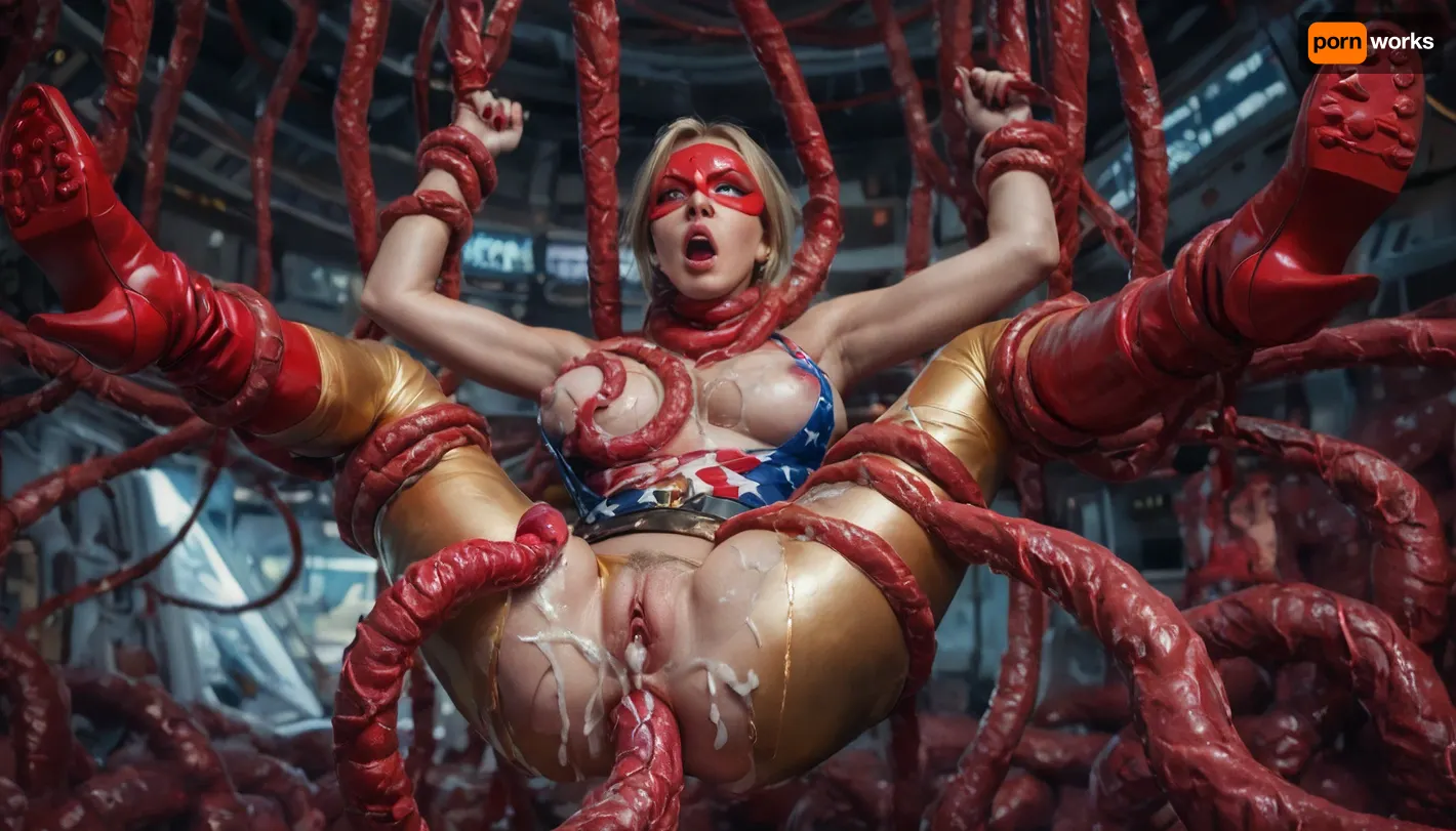 hyper photorealistic masterpiece, maximum quality, maximum details, maximum realism, score_9, score_8_up, (spaceship:1.2), (blonde hair, pubic hair), (Mature woman), (suspended, bdsm, wrists held by tentacles, ankles held by tentacles), (((seamless sheer shiny gold pantyhose:1.2)), (American flag sling swimsuit:1.1), red wide waist belt, red high heel boots, red eye mask, (realistic anus, realistic vagina), shocked, choking on tentacle, tentacles squeezing breast, (cum on pussy, cum on ass, cum on legs, cum on breast), (Red veiny tentacle monster:1.6), (vaginal, anal:1.2), pImgFixerPre0.3, detailxl, NEGATIVE_HANDS)