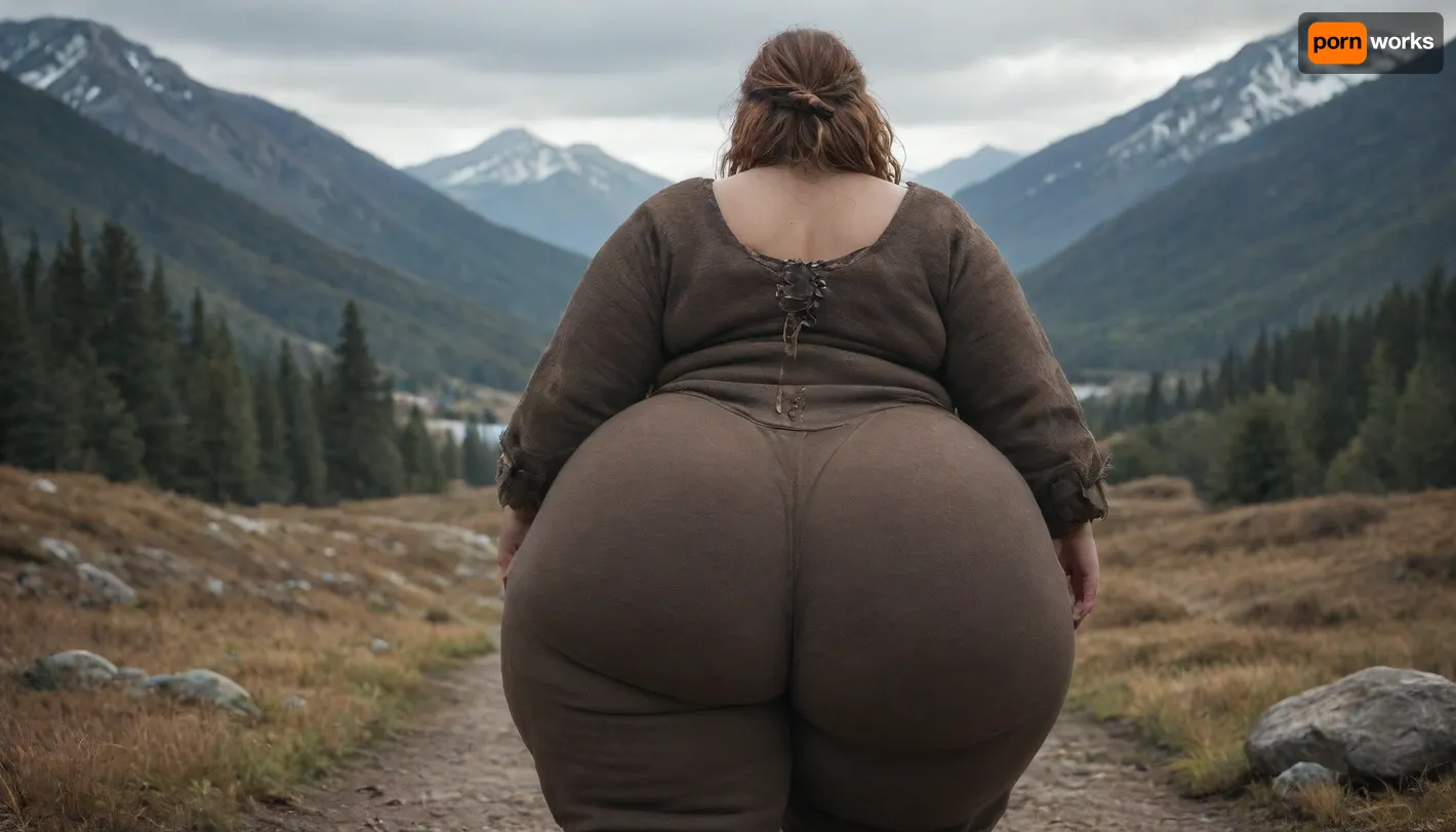 viking, hyper hips, heavyweight, fat woman, obese, (fully dressed:1.3), (back of head), night mountain, massive fat ass, hiking