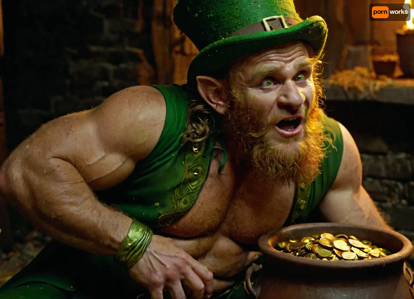 A green Irish leprechaun . muscular. He sleeping on a pot of gold He has a large, pointed nose with warts and large, pointed ears. Her belly sticks out a lot, Just like pregnant. visible navel. He has yellow eyes with torn black pupils . He wears torn and stained clothes. He is a terrifying fantasy monster .