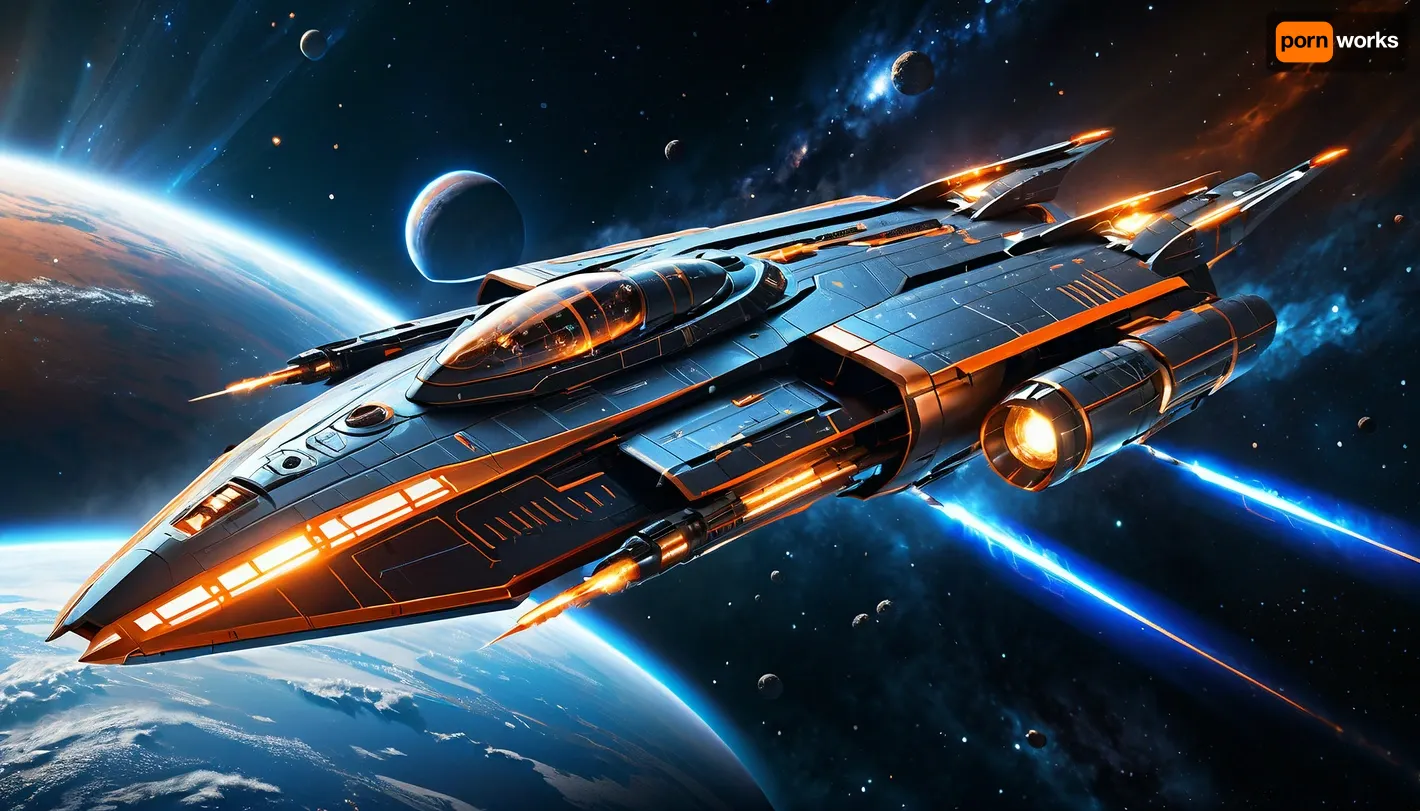 A sleek, dark grey and bronze-toned futuristic spaceship with intricate hull details and glowing orange light emanating from within its chassis, firing blue energy projectiles from its front cannons and propulsion flames from its rear engines, flying through a dark, star-speckled space. Science Fiction Art, Digital Rendering Cinematic Lighting, Glowing Effects, Orange and Blue Contrast Lighting Dynamic Angle, Diagonal Composition Highly Detailed Spacecraft, Atmospheric, Vibrant Colors, Futuristic, Explosions
