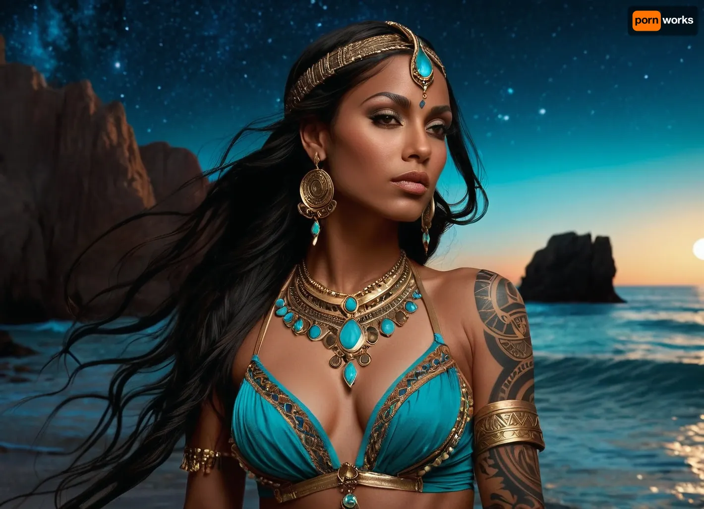 ((masterpiece)), (best quality), (highly detailed), ((illustration)), incredibly detailed, intricate, fantastical, portrait, {beautiful woman}, full shot, facing viewer, dark skin, long flowing black hair, big perky bteasts, (((intricate tribal tattoos on arms and shoulders))), belly dancer transparent outfit, aqua and gold sexy dress, ornate jewelry, necklace, earrings, armlets, headpiece, (holding a dagger:1.5), sparkling water effects, water waves, (glowing water effects), (night sky), (starry sky), galactic background, nebula, distant moon, rocky shore, dramatic lighting, volumetric lighting, rim lighting, vibrant colors, fantasy art, digital painting, sharp focus, octane render, concept art, by artgerm and greg rutkowski and rebecca guay
