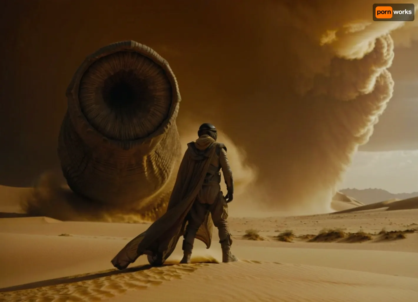 A young man in a protective Fremen suit, ((standing top on a huge sandworm)), shai-hulud, and holding steel hooks to control it, ((against the backdrop of a sandstorm)), . Cinematic style, photorealism inspired by the film “Dune.” Dramatic lighting, diffused light. Wide shot, low angle. Detailed texture of the worm, dynamic pose, dust and small particles in the air, gloomy atmosphere., nosetril, plug, blue, eyes, cloak, 7-dune, Ornithopter, sand, worm, sepia, greyscale, <lora:Dune1024:1.1>, <lora:Dune SDXL v2.1:.8>