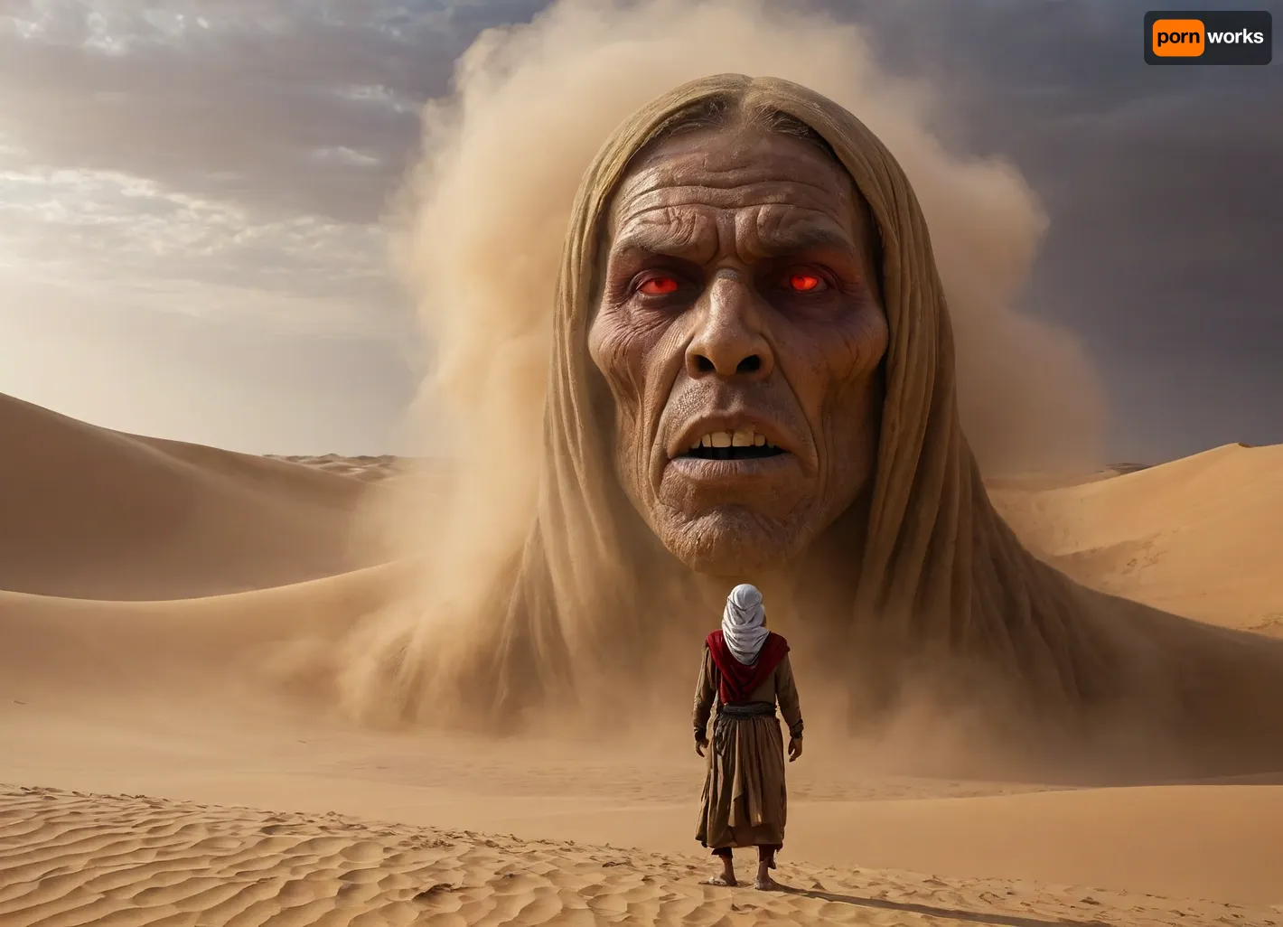 Bedouin tamer sandstorm standing opposite colossal sand demon face, sharp angular features, red and yellow vortex eyes, gaping chasm mouth, textured sand, brassy sky, swirling sandstorm, hyperrealistic style, dramatic chiaroscuro lighting, low angle, awe-inspiring majesty and primal fear, endless dunes, wide-angle lens.
