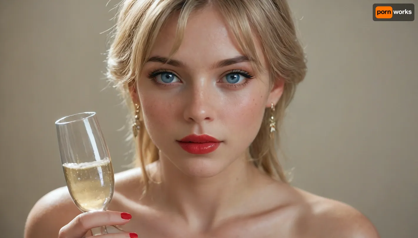 Anastasia with a glass of champagne in her hands.Full-face. Blue eyes and bright red lips.Bright red manicure.Bare shoulders.