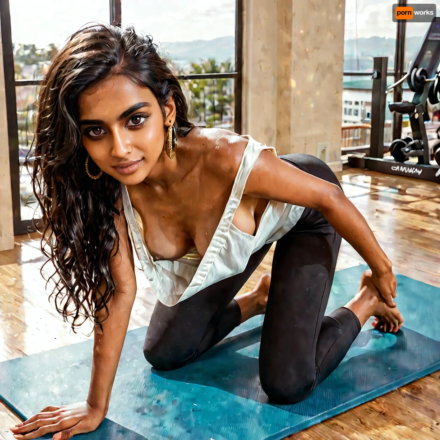33yo, ((Indian girl)), cute, skinny, slender, not so tall, long hair, she has a serene expression. brown perfecteyes, Indian, beauty, most, beautiful, and, attractive, sexy, body, (office), (tanned), medium breasts, areolas visible, nipples visible, ((((downblouse)))), (((side boob))), perfect face, kneeling on a yoga mat in the gym, wearing black yoga pants and a very loose-fitting white tanktop, breasts visible while doing downward yoga