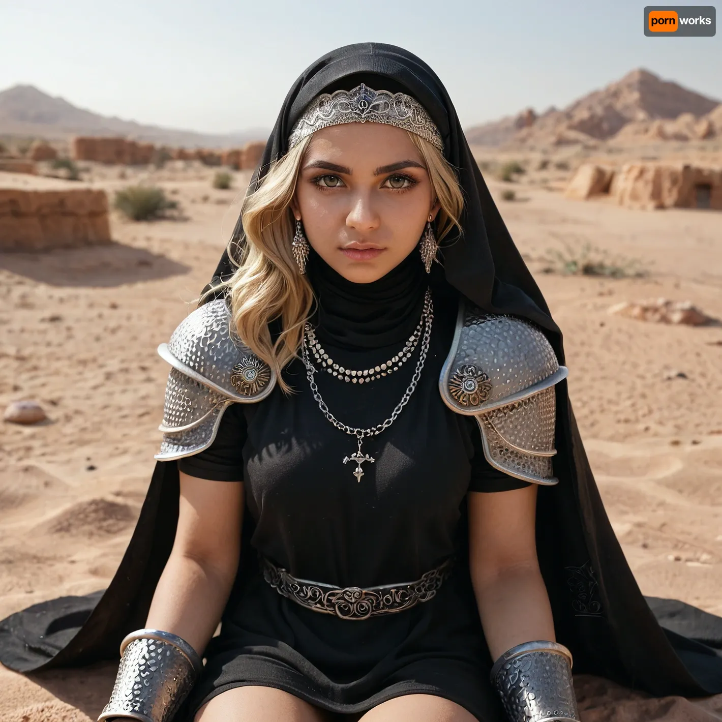 blonde girl, black tunic, decorated metal shoulder pads, chainmail wrist guards, black hijab with cape, silver headband, silver necklaces, sitting in the desert, looking at viewer